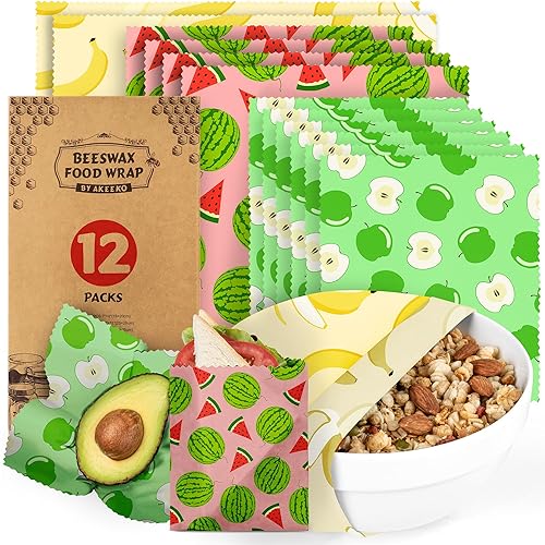 Akeeko Reusable Beeswax Food Wraps - Assorted 12 Pack, Reusable, Plastic-Free Food Storage, Sustainable Gifts, 3 Sizes (6S,4M,2L)