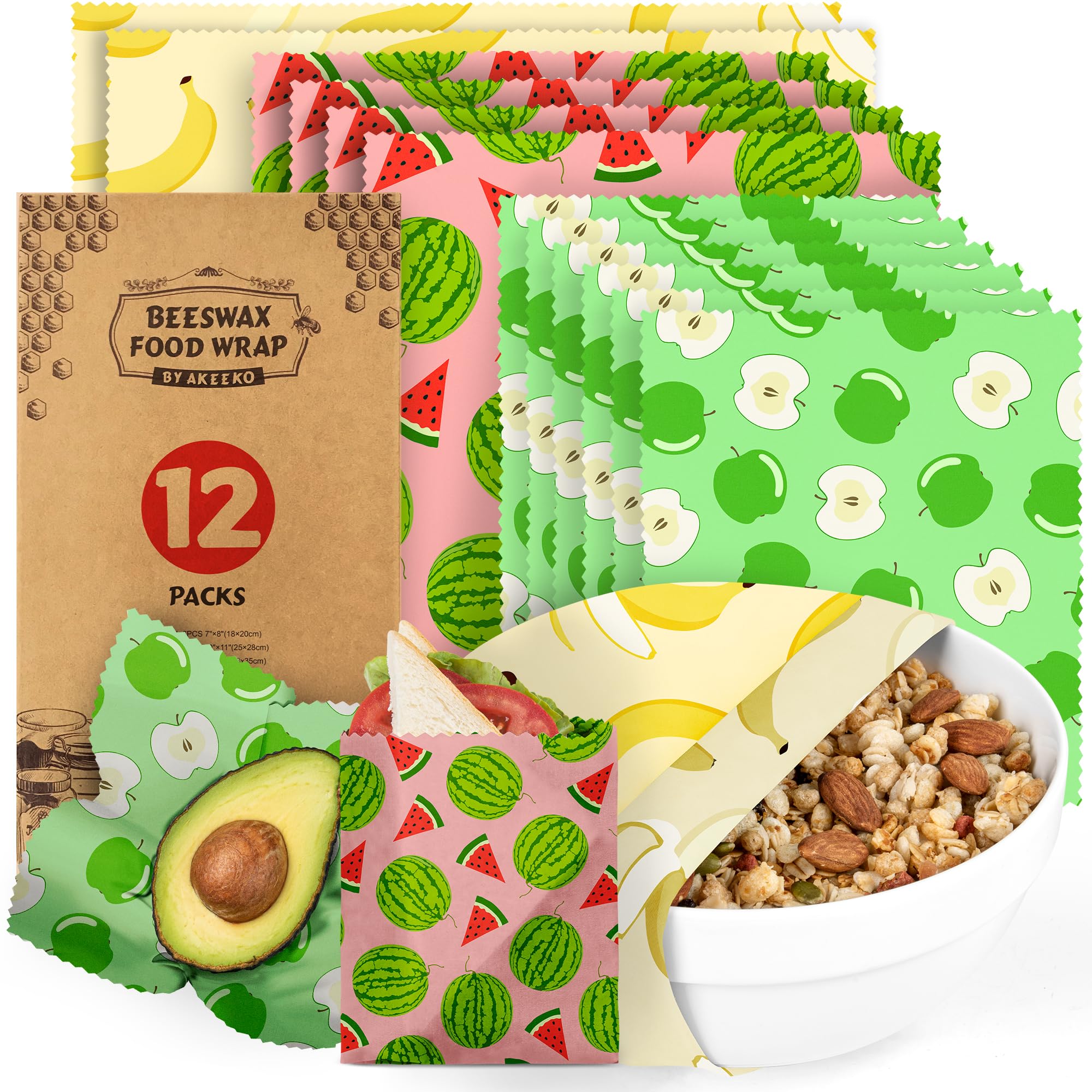 Akeeko Reusable Beeswax Food Wraps - Assorted 12 Pack, Reusable, Plastic-Free Food Storage, Sustainable Gifts, 3 Sizes (6S,4M,2L)