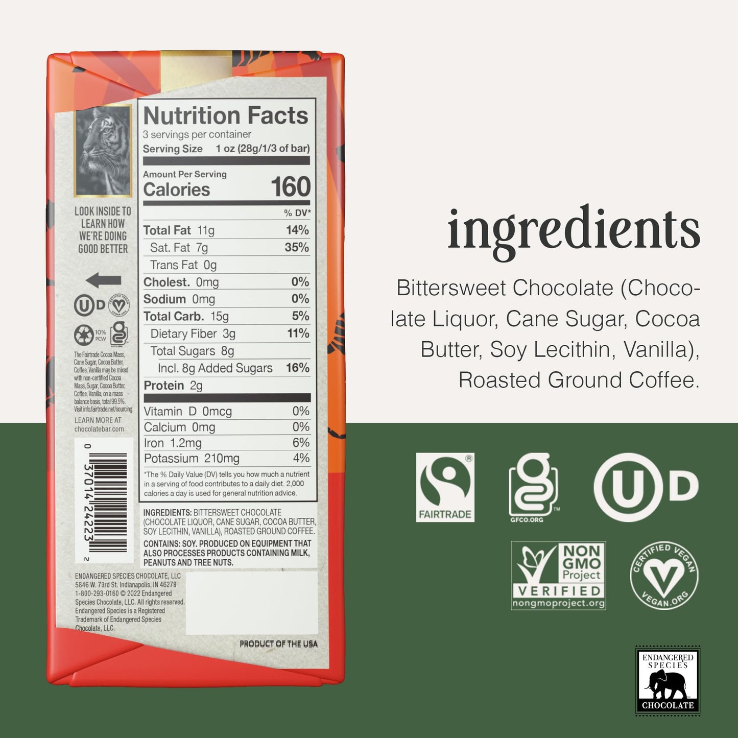 Endangered Species Dark Chocolate Bar with Espresso Beans (72% cocoa)