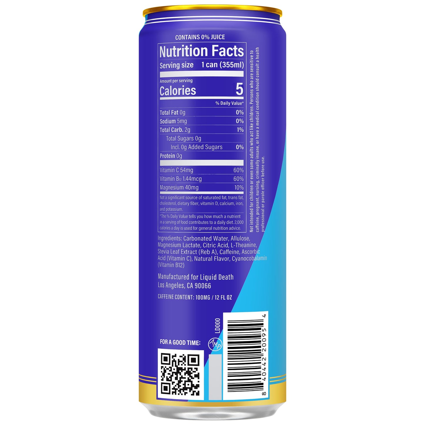 Liquid Death Sparkling Energy - Tropical Terror (Classic Piña Colada), Zero Sugar Energy Drink, Unextreme Caffeine 100mg, Essential Vitamins, 12 Fl Oz
