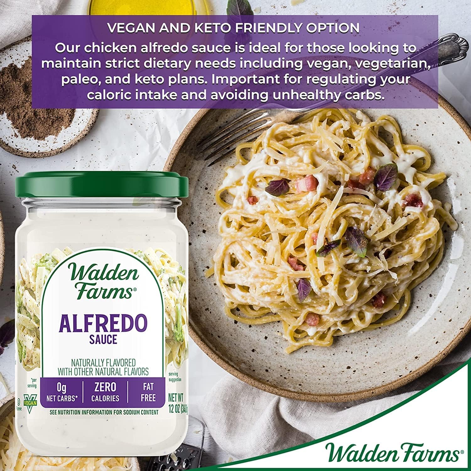 Walden Farms Alfredo Sauce - Zero Calorie, Sugar Free, Keto & No Carb Creamy Italian-Style Pasta Sauce - 6-Pack, 12 oz Bottles