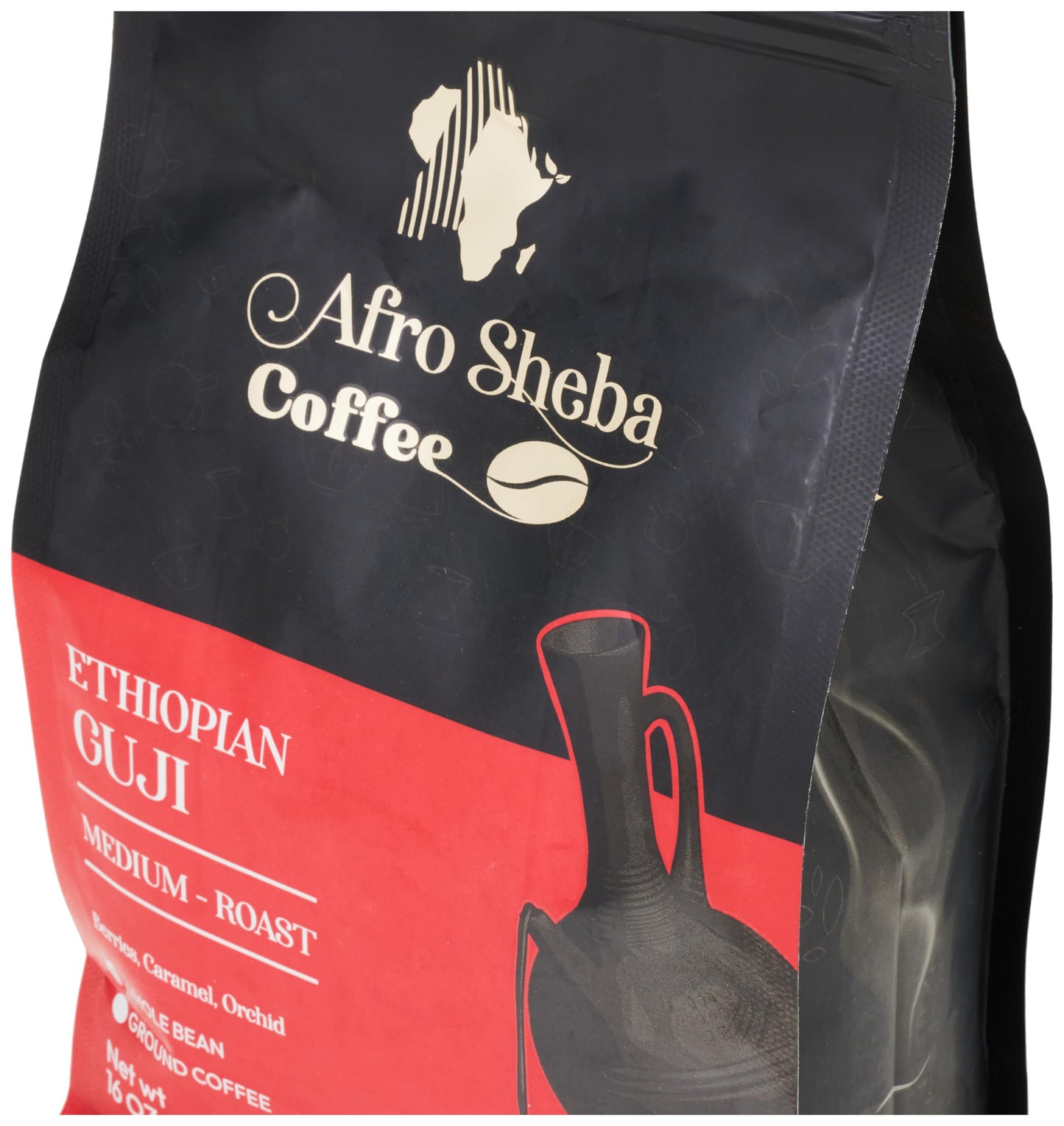 Afro Sheba Coffee - Whole Bean Medium Roast Coffee - Full Body - Ethiopian Single Origin - Ground - Low Acid - Washed & Natural - 1 lb (16 oz) (Guji)