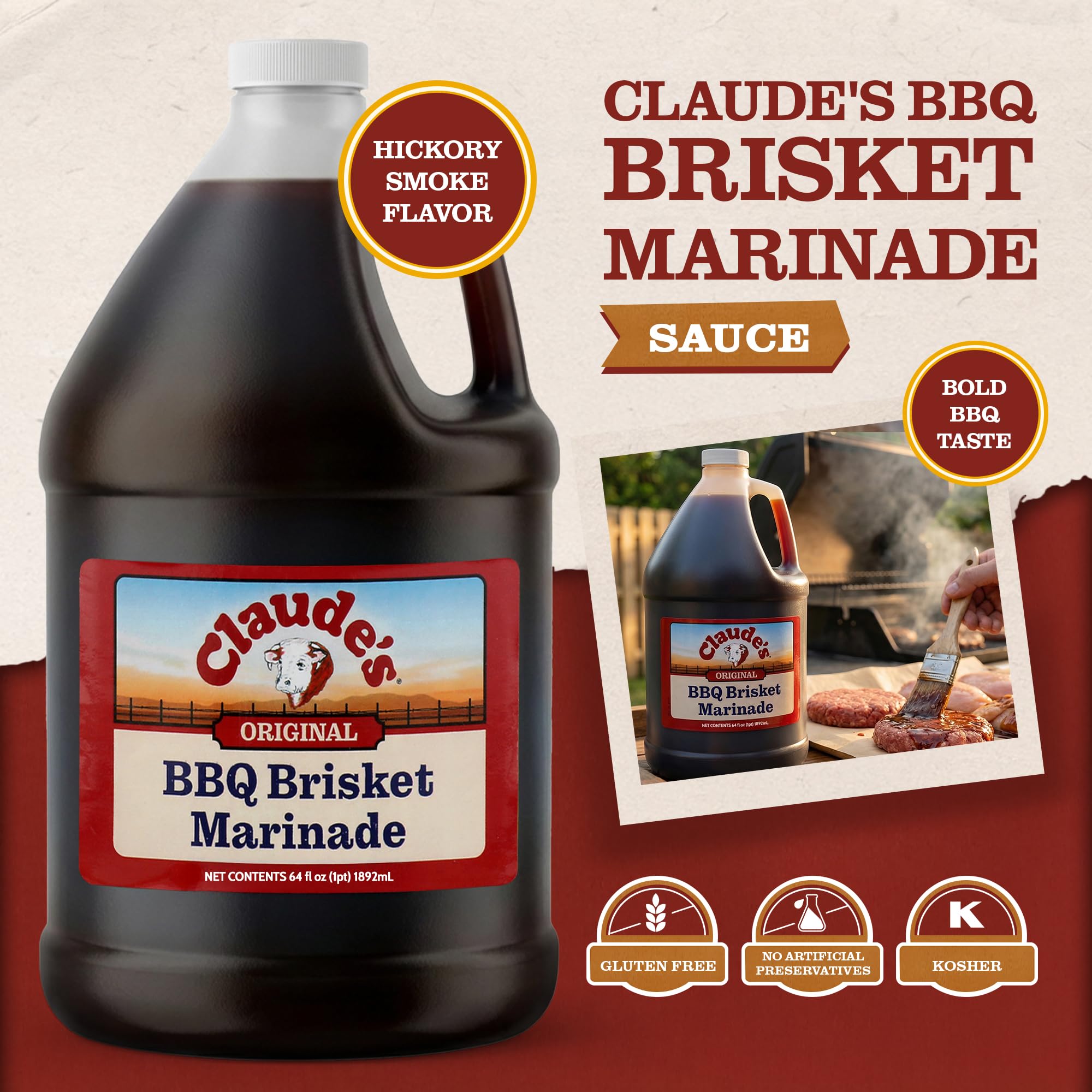 Claude's Original Texas BBQ Brisket Marinade Sauce, Gluten Free, 64 oz