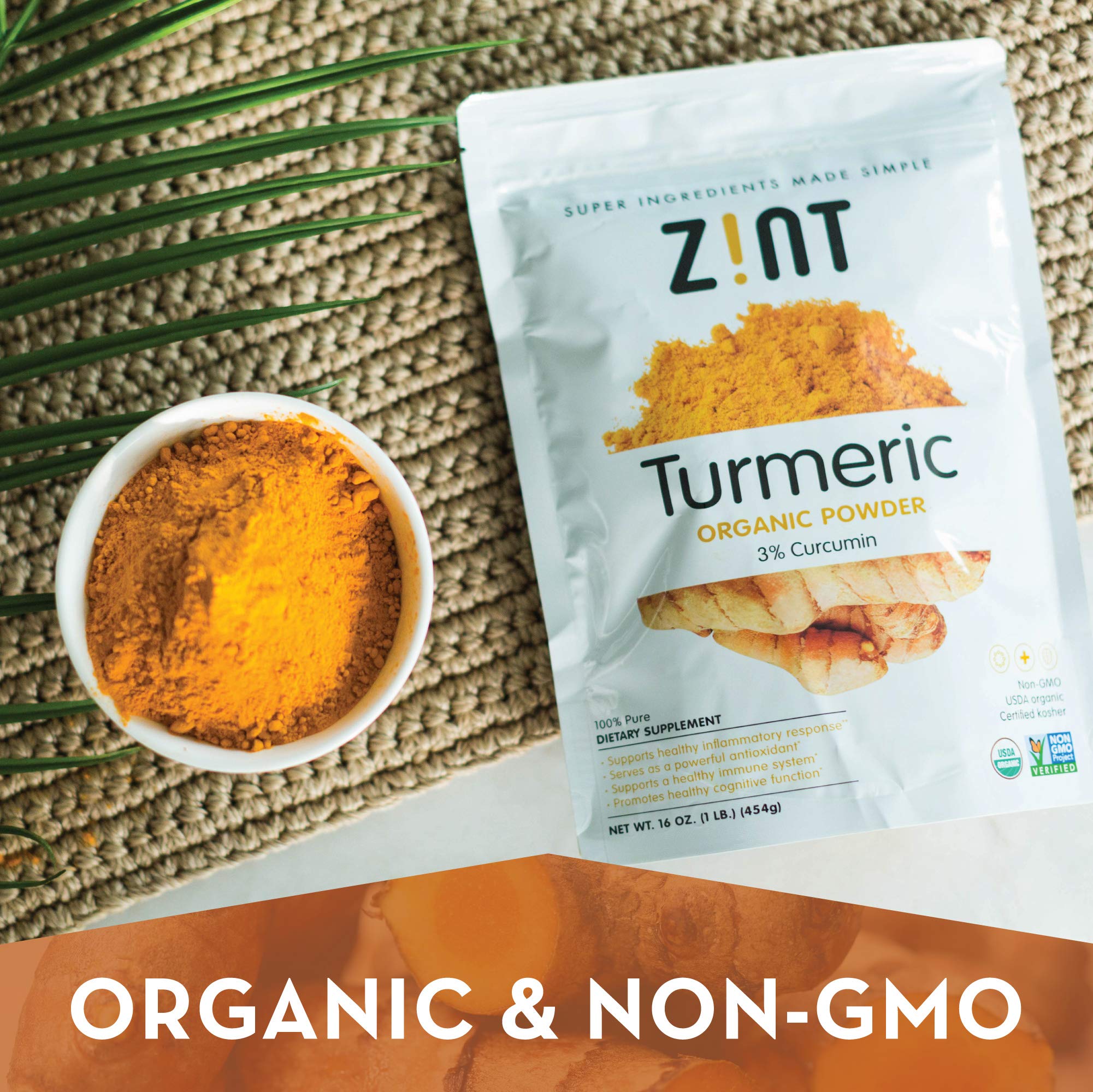 Zint Organic Turmeric Powder (16 oz): Raw Turmeric Root Curcumin Powder Spice, For Cooking, Smoothies, Golden Milk