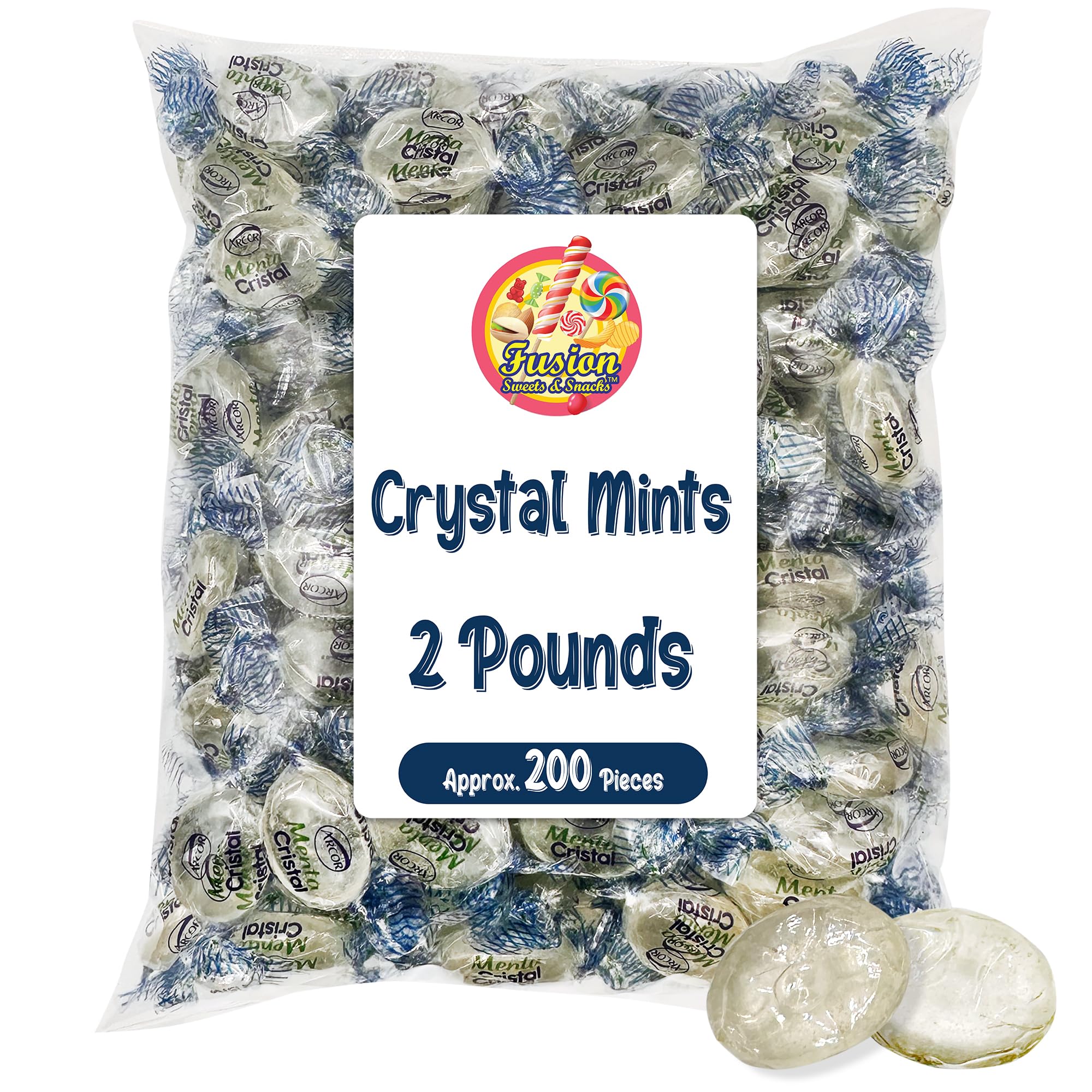 Crystal Candy Hard Mints - 2 Pounds (Approx. 200 Pieces) Arcor Blue Crystal Mint Candy Individually Wrapped, Breath Mints Bulk, After Dinner Mint