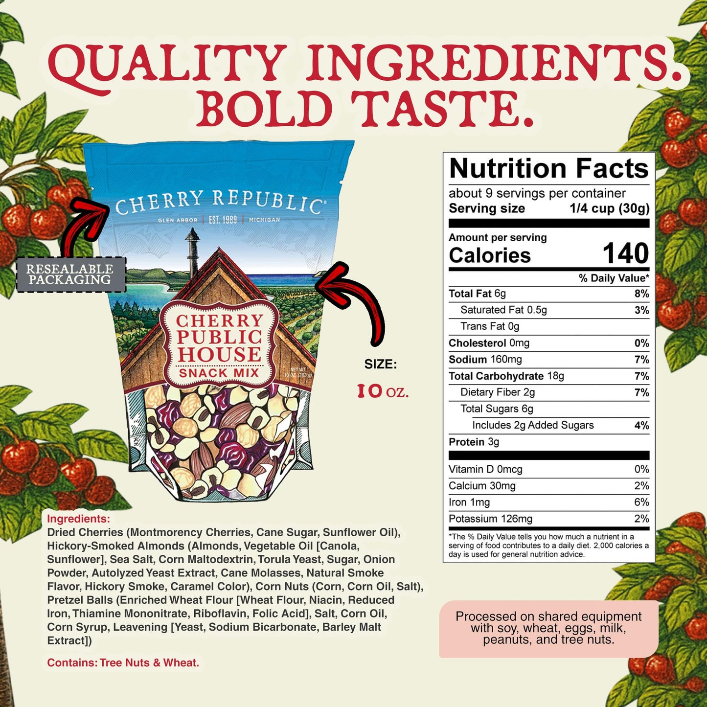 Cherry Republic Public House Snack Mix, 10 oz Bag - Sweet and Salty Pub Mix with Dried Cherries, Hickory Smoked Almonds & Salted Pretzels - Crunchy