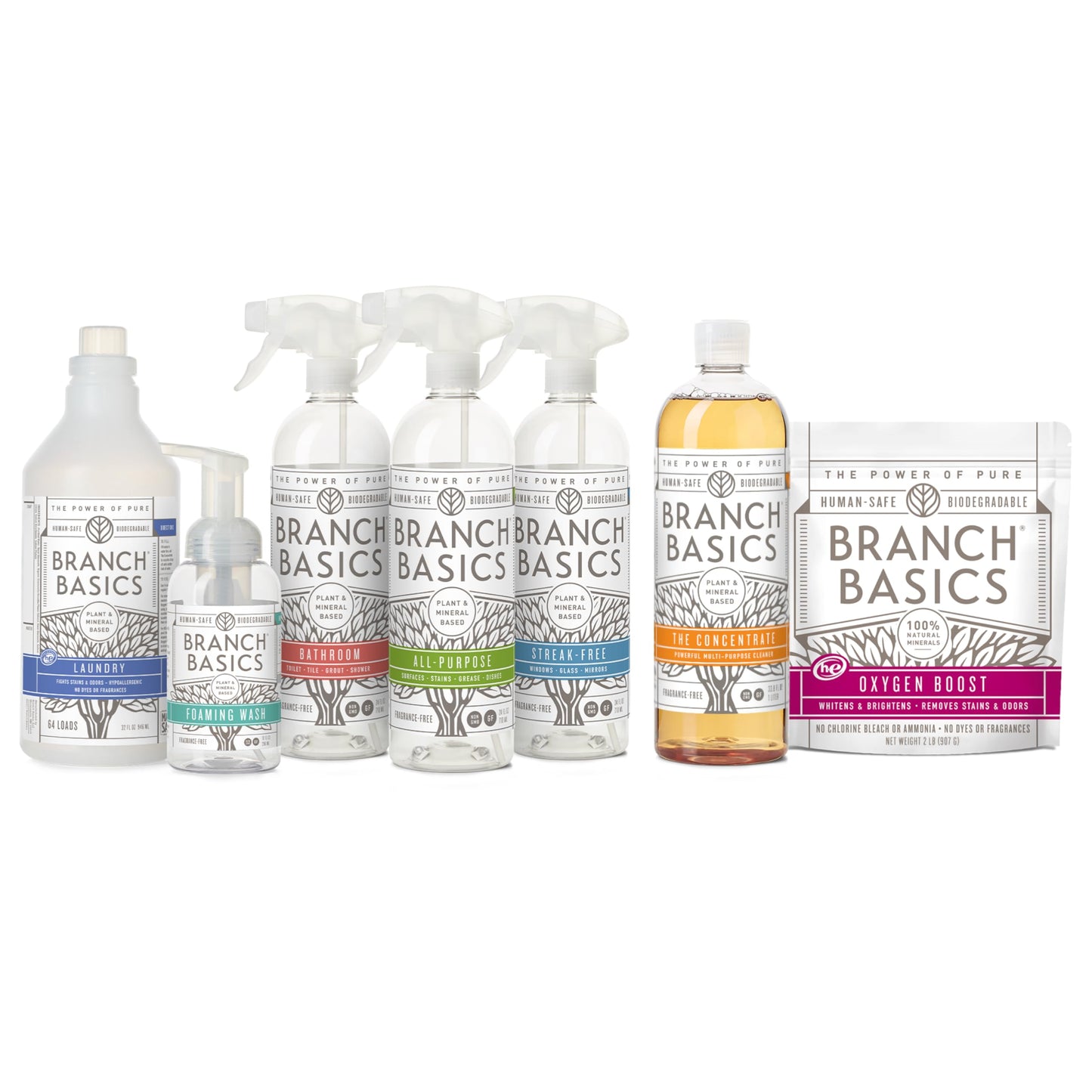 Branch Basics Premium Starter Kit: All Purpose Cleaner, Glass, and Bathroom Cleaner plus our Foaming Wash, and Laundry Bottle (3 Plastic Spray Bottles