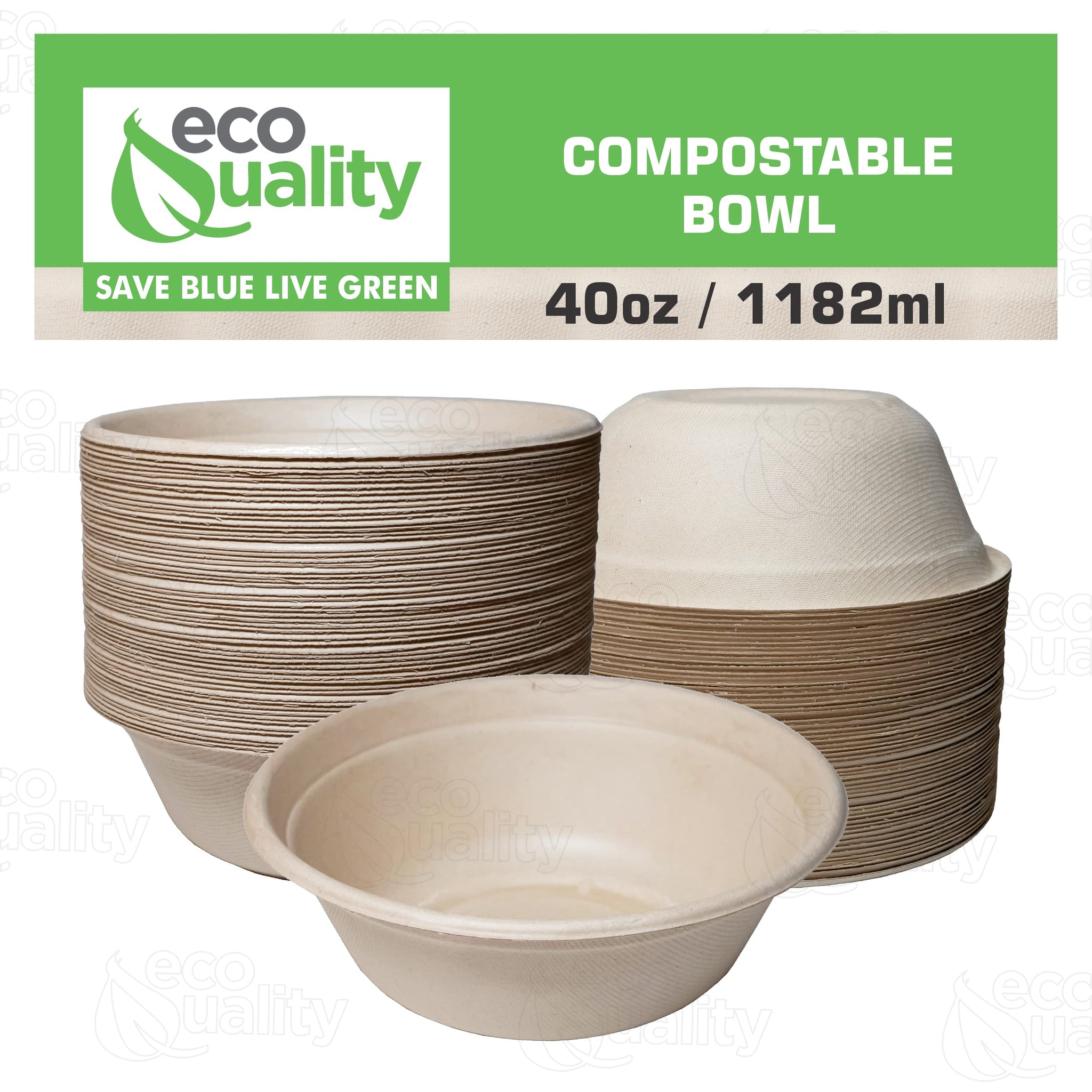 EcoQuality [150 Pack] 40 oz Round Disposable Compostable Paper Bowls Heavy-Duty, Eco-Friendly Natural Bagasse Unbleached, Heat Resistant, 100%