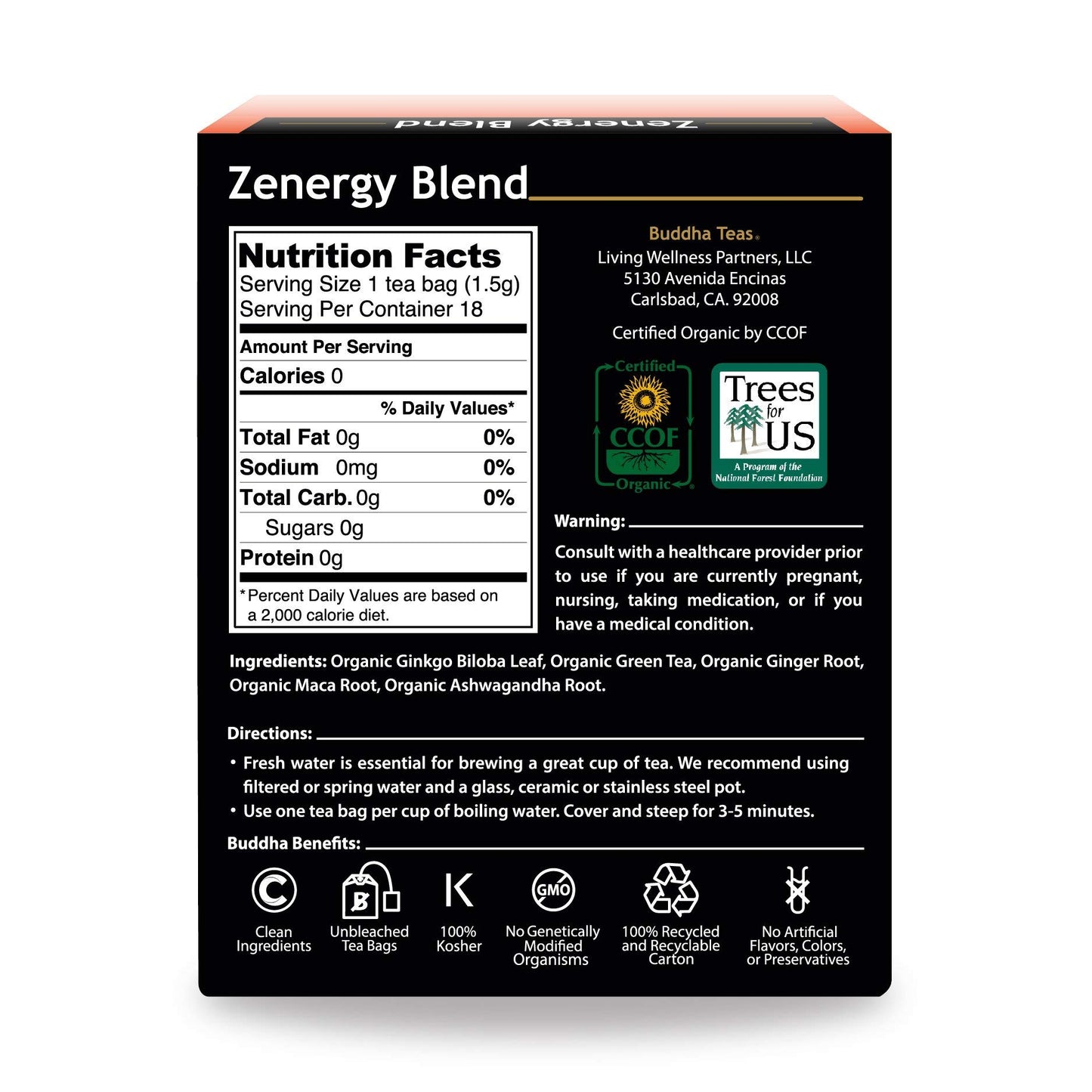 Organic Zenergy Blend Tea - Kosher, Contains Caffeine, GMO-Free - 18 Bleach Free Tea Bags