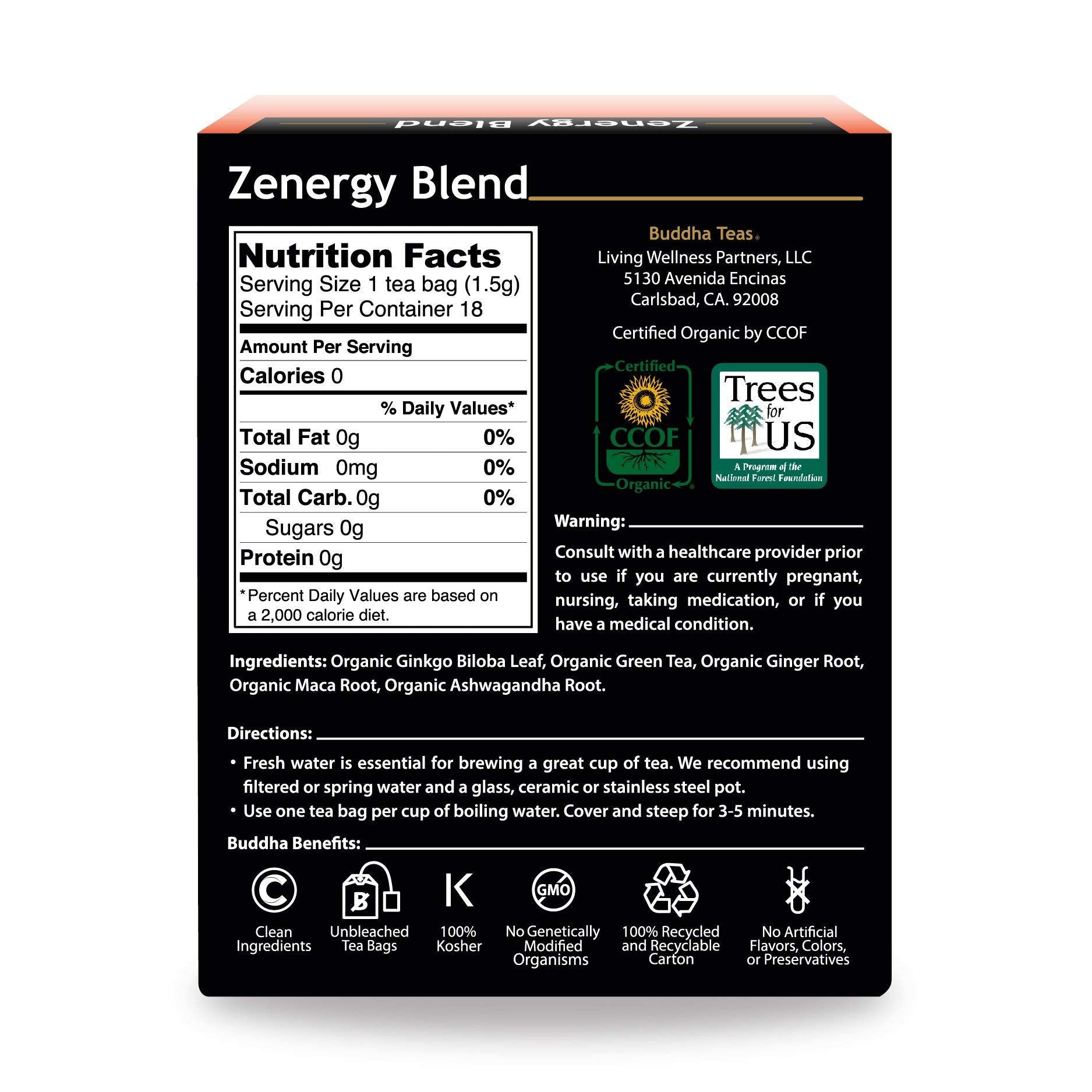 Organic Zenergy Blend Tea - Kosher, Contains Caffeine, GMO-Free - 18 Bleach Free Tea Bags