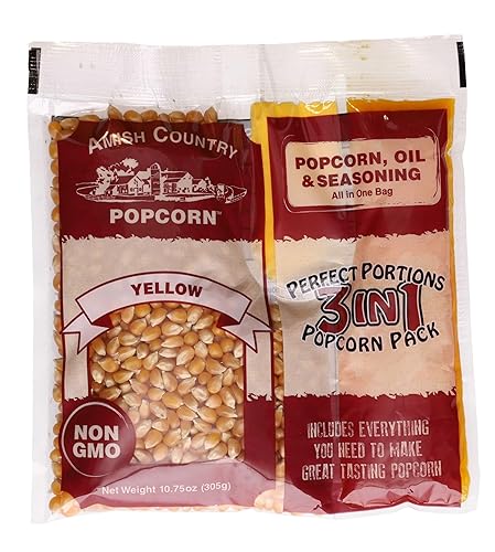 Amish Country Popcorn | All-In-One Kernel Packs | Pre-Measured for Popcorn Machines and Includes Hulless Popcorn, Oil & Salt (Medium Yellow, Oil