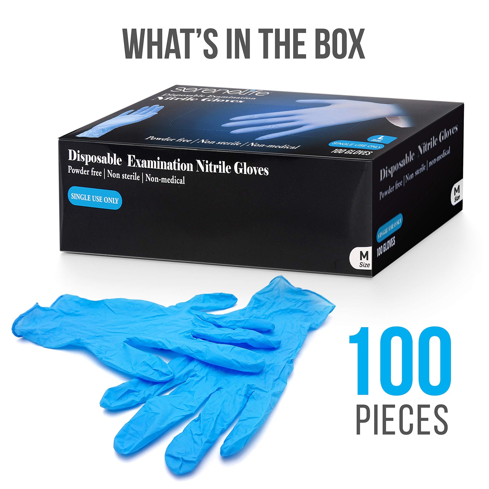 Serenelife Nitrile Disposable Latex & Powder Free Medium Gloves - Great for Kitchens, Food Handling & Cleaning Supplies - Soft & Comfortable fit