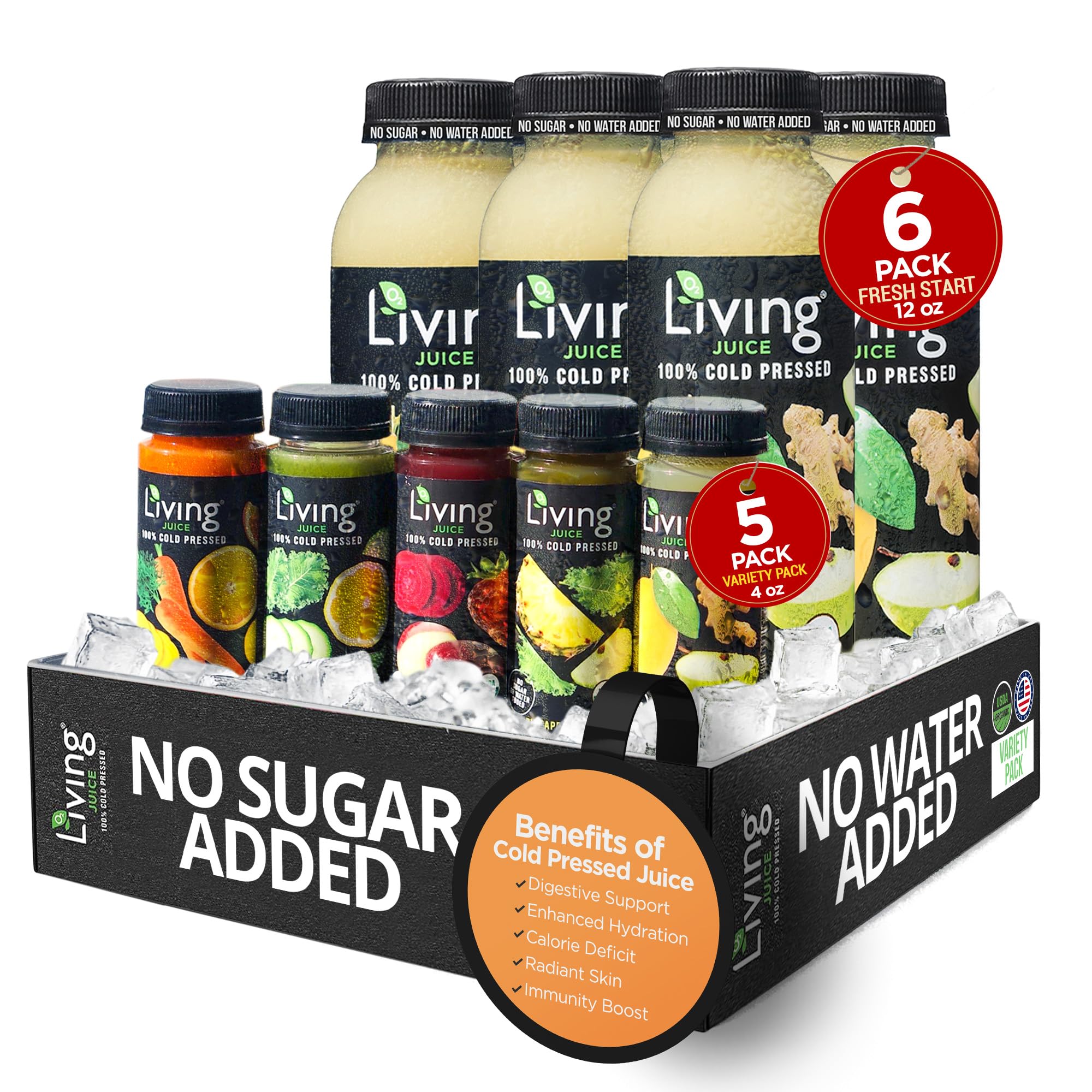 O2 Living Juice Cold Pressed Drink - Fresh Start Organic Juice Variety Pack - No Added Sugars or Water, Naturally Sweetened from Fruits, Rich in