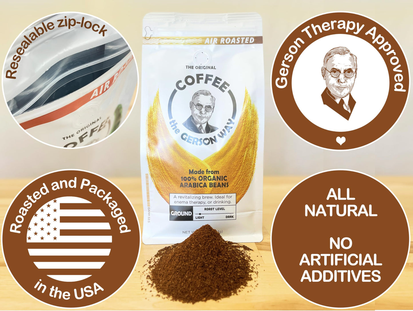 Coffee, The Gerson Way - Ground, Air Roasted, Detox, Enema, Drinkable, (16 oz, LIGHT ROAST)