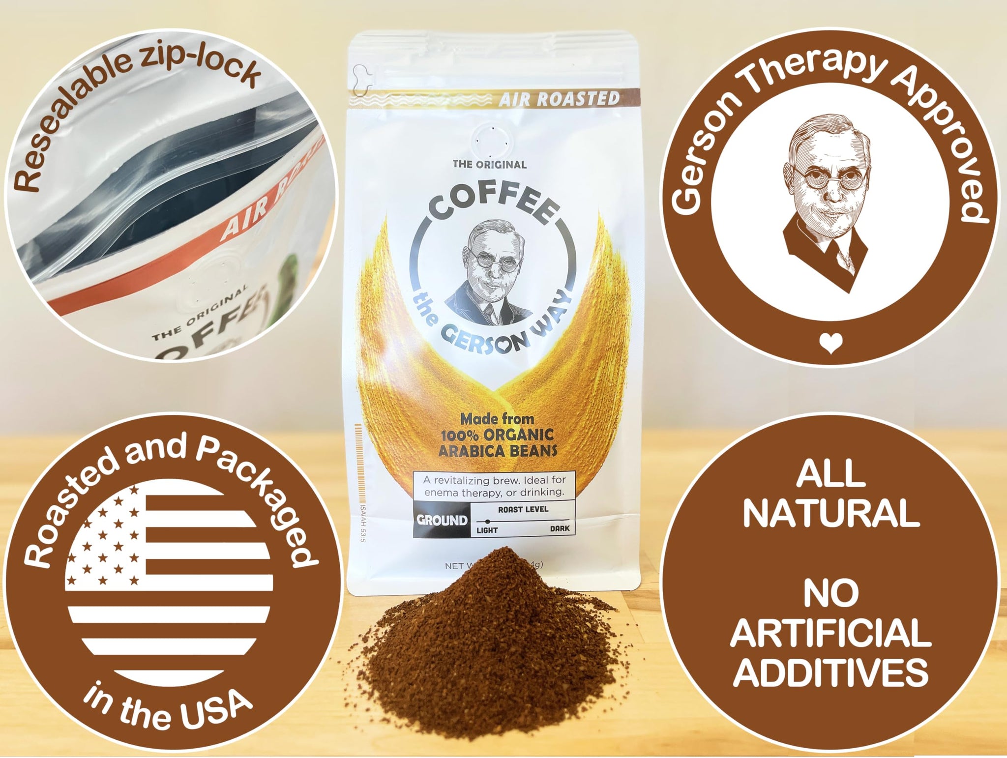 Coffee, The Gerson Way - Ground, Air Roasted, Detox, Enema, Drinkable, (16 oz, LIGHT ROAST)