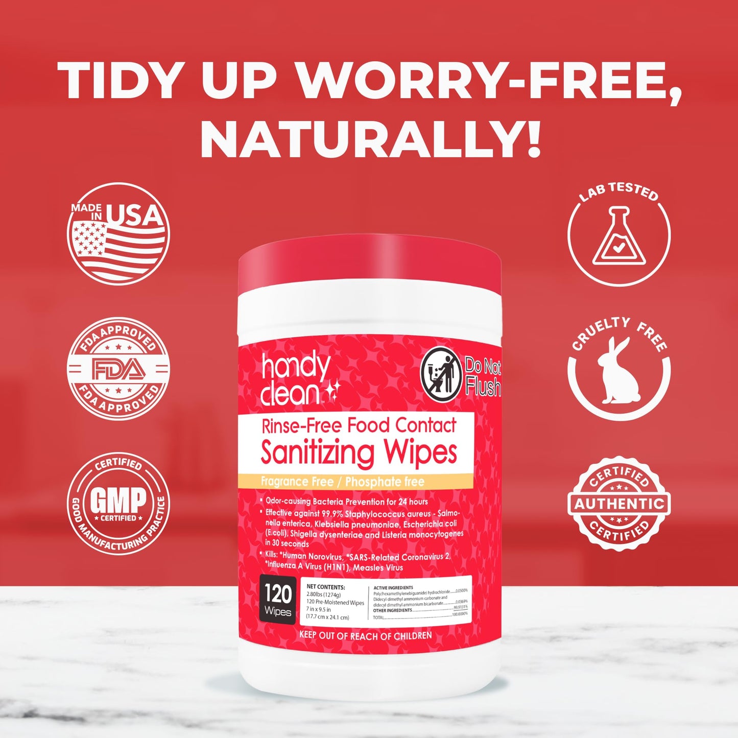 HandyClean Rinse-Free Food Contact Sanitizing Wipes Canister, Multi Surface Cleaning Supplies for Kitchen and Professional Setting One Canister (120