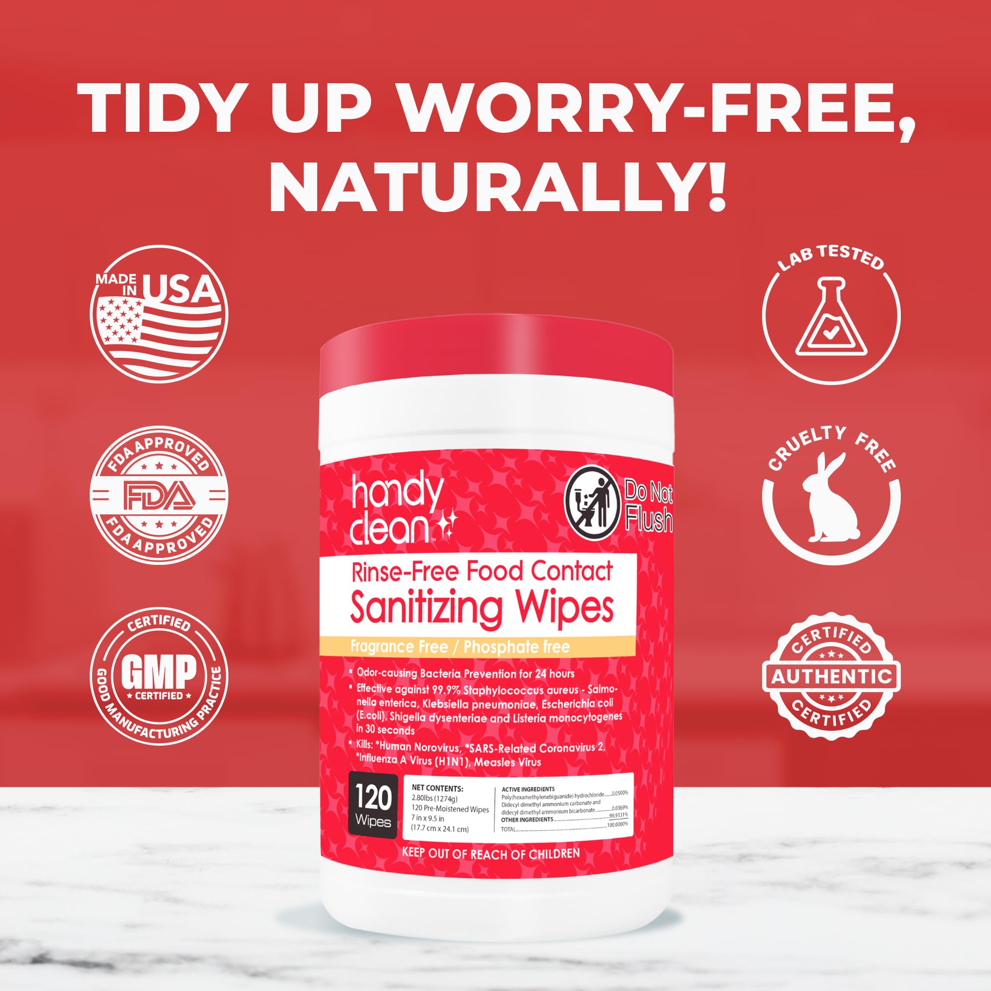 HandyClean Rinse-Free Food Contact Sanitizing Wipes Canister, Multi Surface Cleaning Supplies for Kitchen and Professional Setting One Canister (120