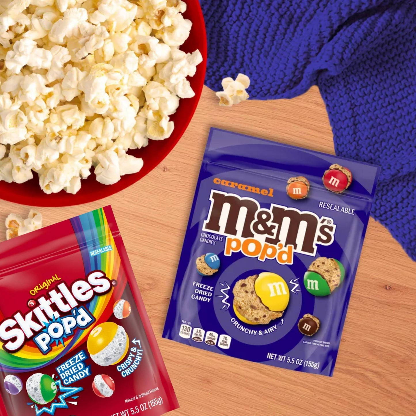 ASSORTIT X SKITTLES & M&M’S COLLAB Freeze Dried Candy 2 Pack Crunchy Airy Skittles POPD and M&M’s POP’d Caramel Snack Assortment 5.5 oz Bags