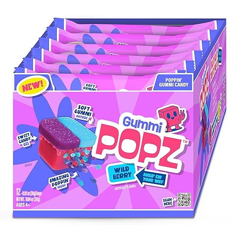 Gummi Popz Popping Gummy Candy, Sweet Mixed Berry - Individually Wrapped, 12 Pack (1.8 oz Each) - Party Candy & Party Favors for Birthdays, Holidays