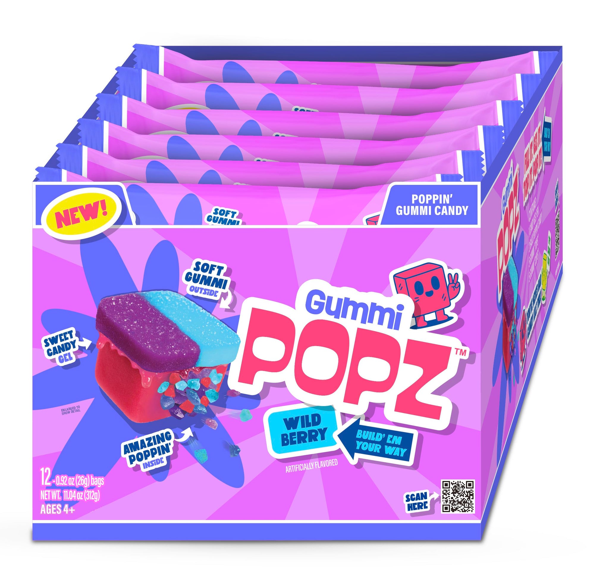 Gummi Popz Popping Gummy Candy, Sweet Mixed Berry - Individually Wrapped, 12 Pack (1.8 oz Each) - Party Candy & Party Favors for Birthdays, Holidays