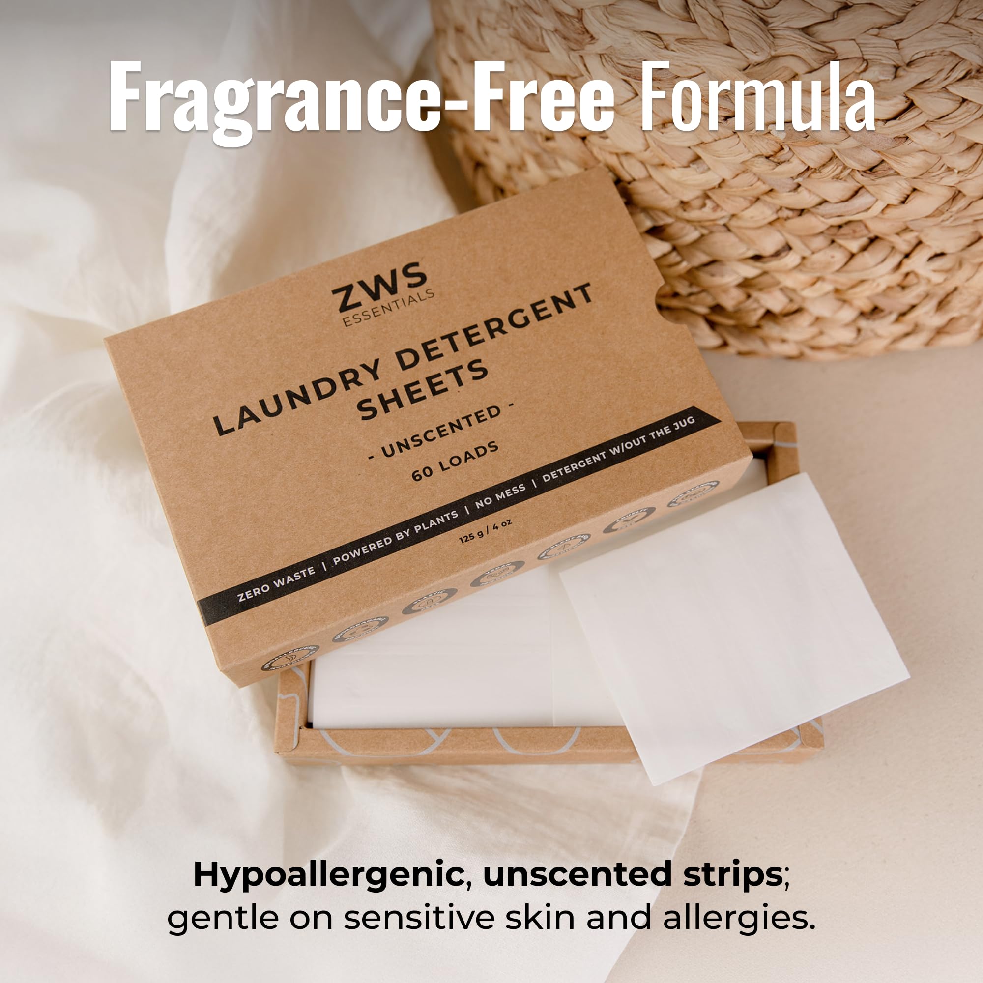 ZWS Essentials Laundry Detergent Sheets | Unscented, Hypoallergenic Laundry Strips for Sensitive Skin | Eco-Friendly, Plastic-Free Detergent for HE