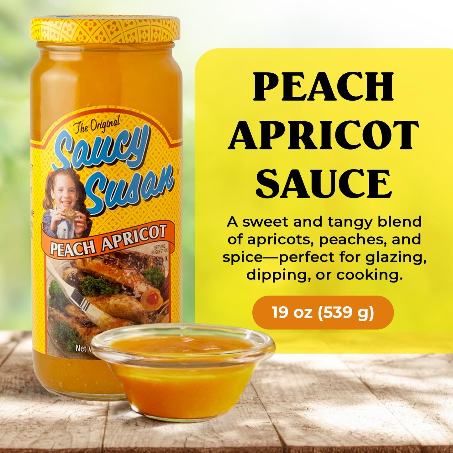 Saucy Susan Peach Apricot ORIGINAL Sauce 19 oz Jar - Sweet & tangy blend of apricots, peaches & spices; ideal for glazing, dipping, marinating or