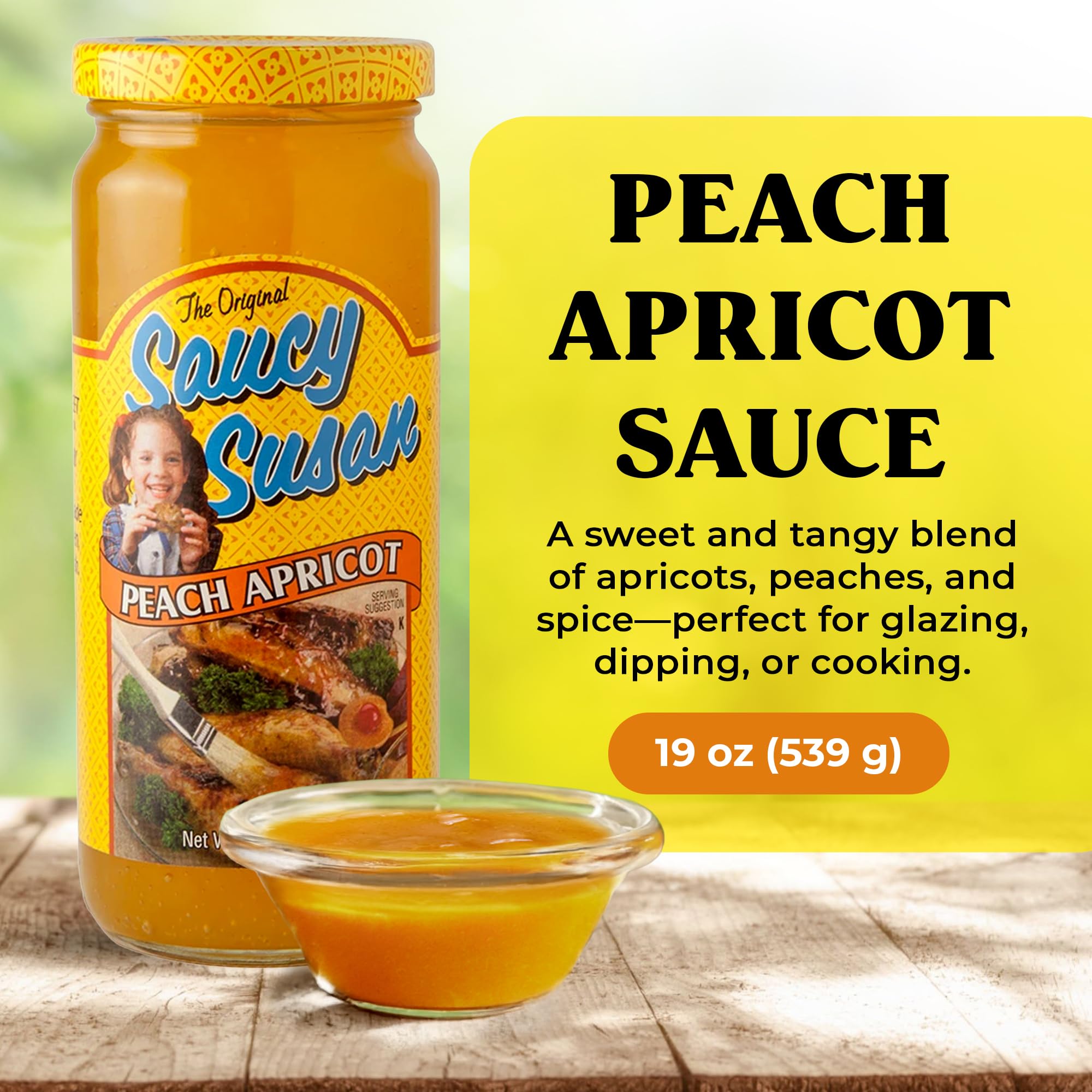 Saucy Susan Peach Apricot ORIGINAL Sauce 19 oz Jar - Sweet & tangy blend of apricots, peaches & spices; ideal for glazing, dipping, marinating or