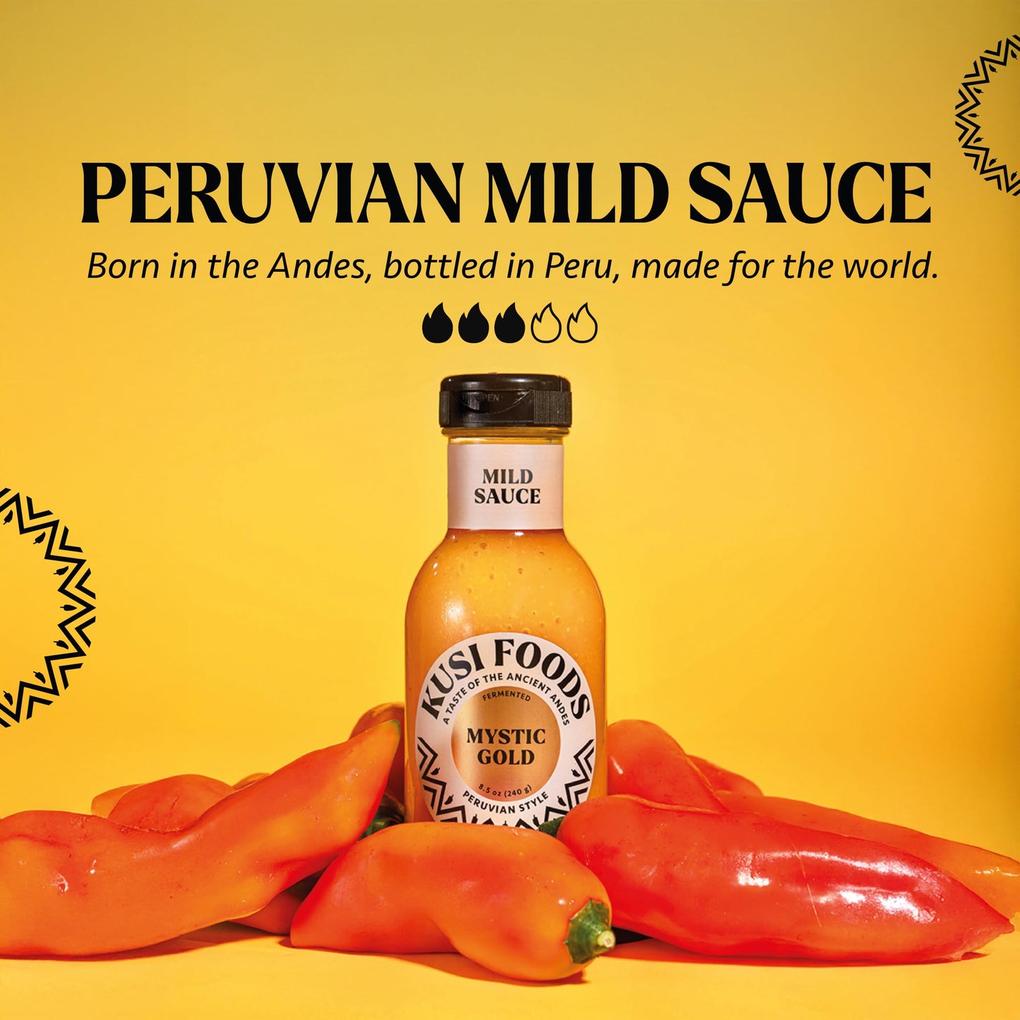 Kusi Foods MYSTIC GOLD Peruvian Mild Hot Sauce, Made with Yellow Chili Peppers, Banana and Aji Charapita, Fruity, Slightly Sweet and Spicy, Fermented
