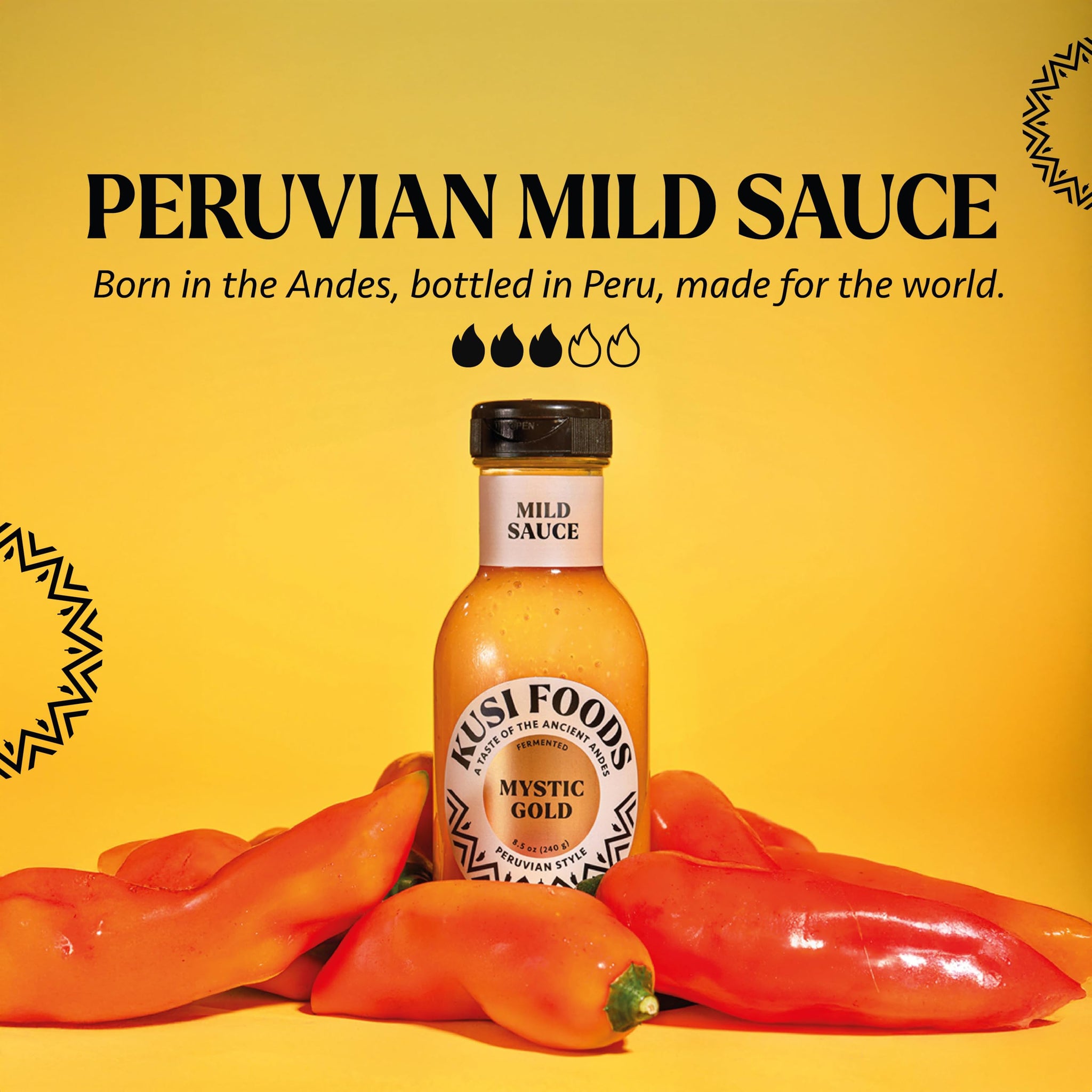 Kusi Foods MYSTIC GOLD Peruvian Mild Hot Sauce, Made with Yellow Chili Peppers, Banana and Aji Charapita, Fruity, Slightly Sweet and Spicy, Fermented