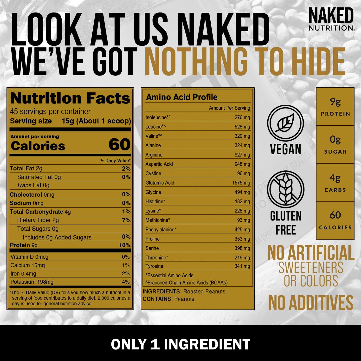 Naked 1.5 LB Powdered Peanut Butter from US Farms - Bulk, Only 1 Ingredient - Roasted Peanuts, Vegan, No Additives, Preservative Free, No Salt, No