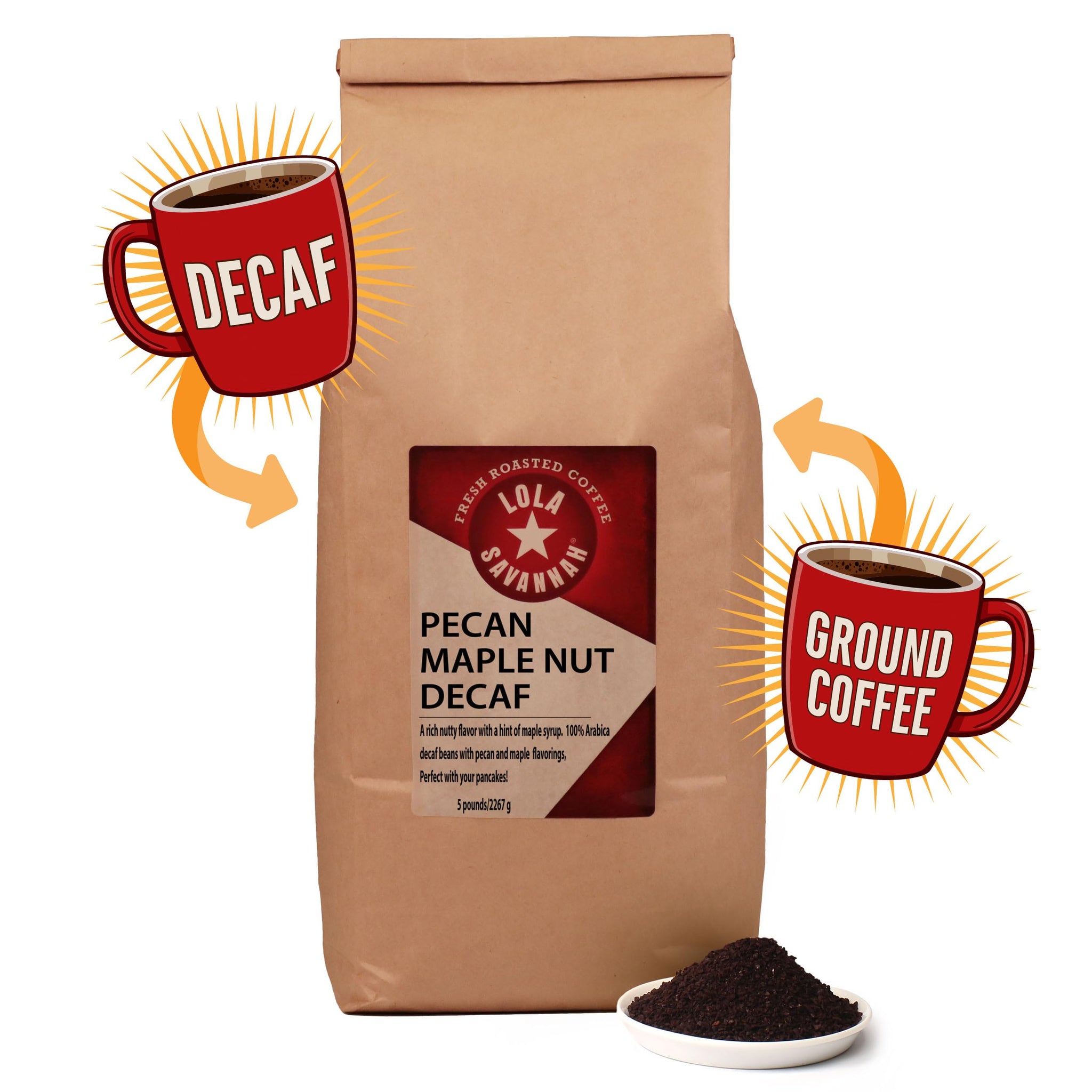 Lola Savannah Pecan Maple Nut Flavored Ground Decaf Coffee, 5lb