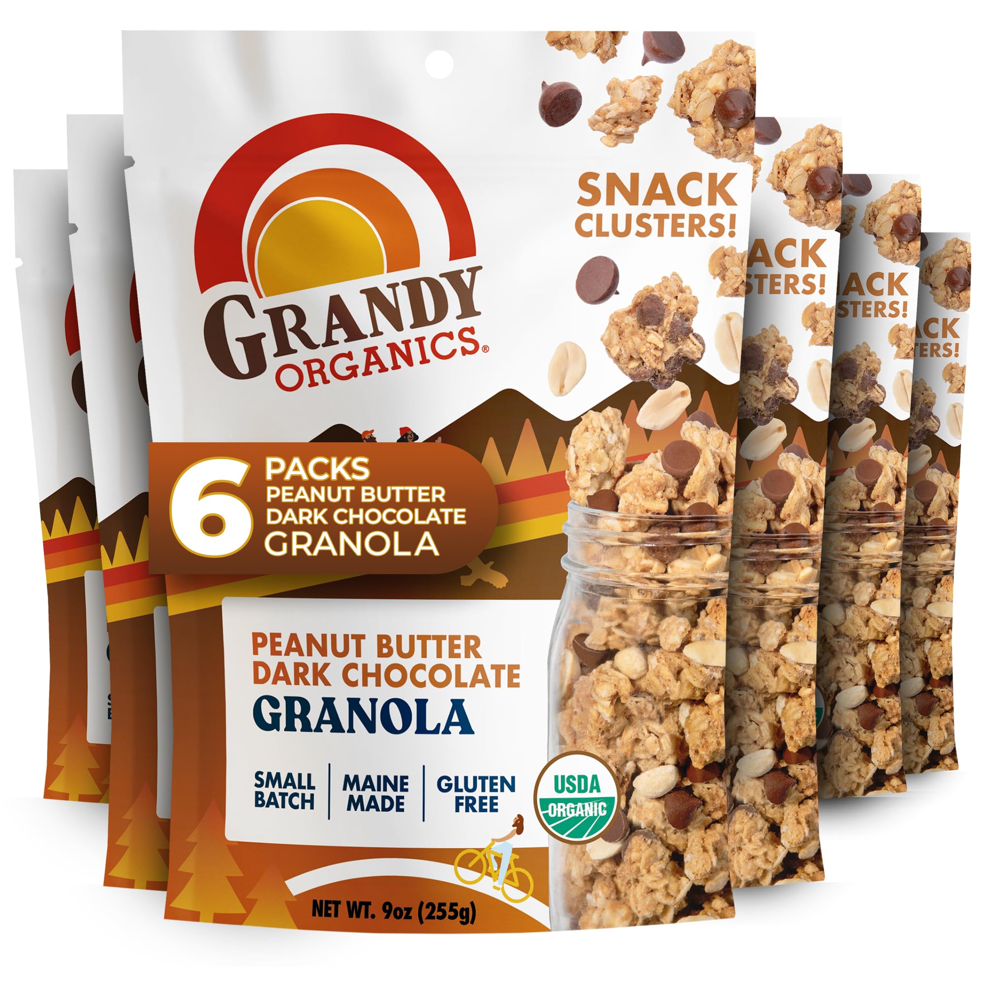 Grandy Organics Peanut Butter Dark Chocolate Granola Clusters - Certified Organic & Gluten Free - 6g Protein - Non GMO & Vegan - Peanuts, Chocolate
