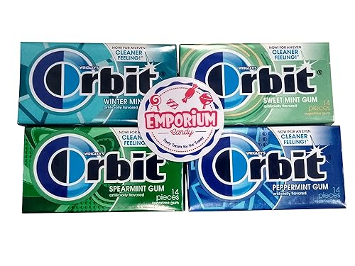 EMPORIUM CANDY TASTY TREATS FOR THE TUMMY Orbit Gum Assortment - 1 Pack Each of Peppermint Spearmint Sweetmint Wintermint - 14 Pieces per Pack, Blue