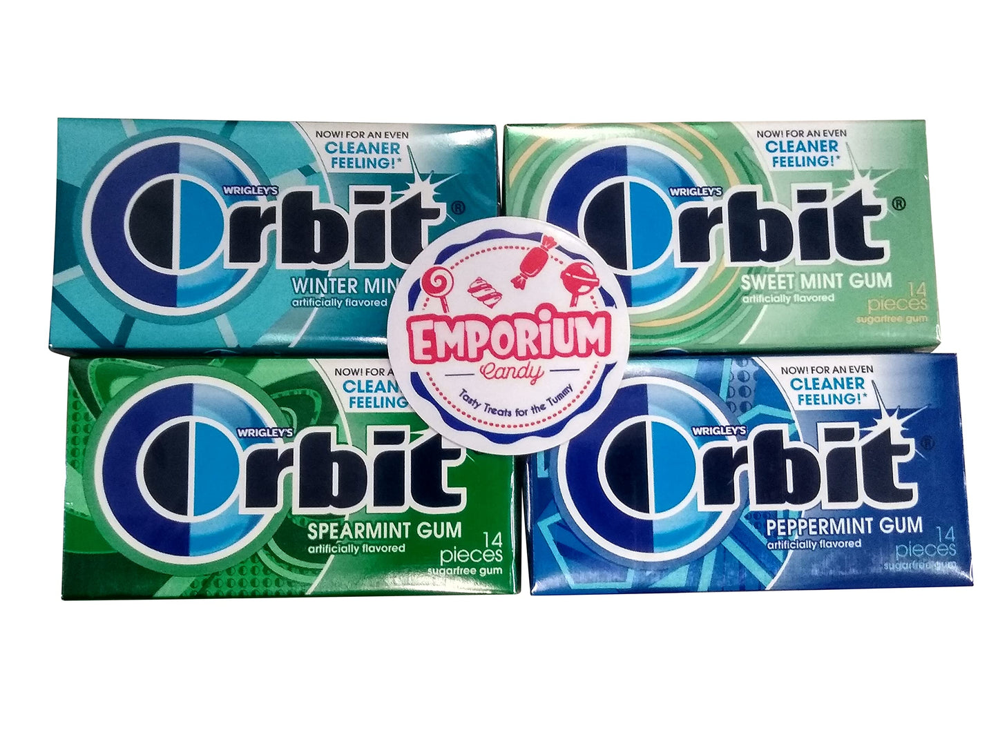 EMPORIUM CANDY TASTY TREATS FOR THE TUMMY Orbit Gum Assortment - 1 Pack Each of Peppermint Spearmint Sweetmint Wintermint - 14 Pieces per Pack, Blue