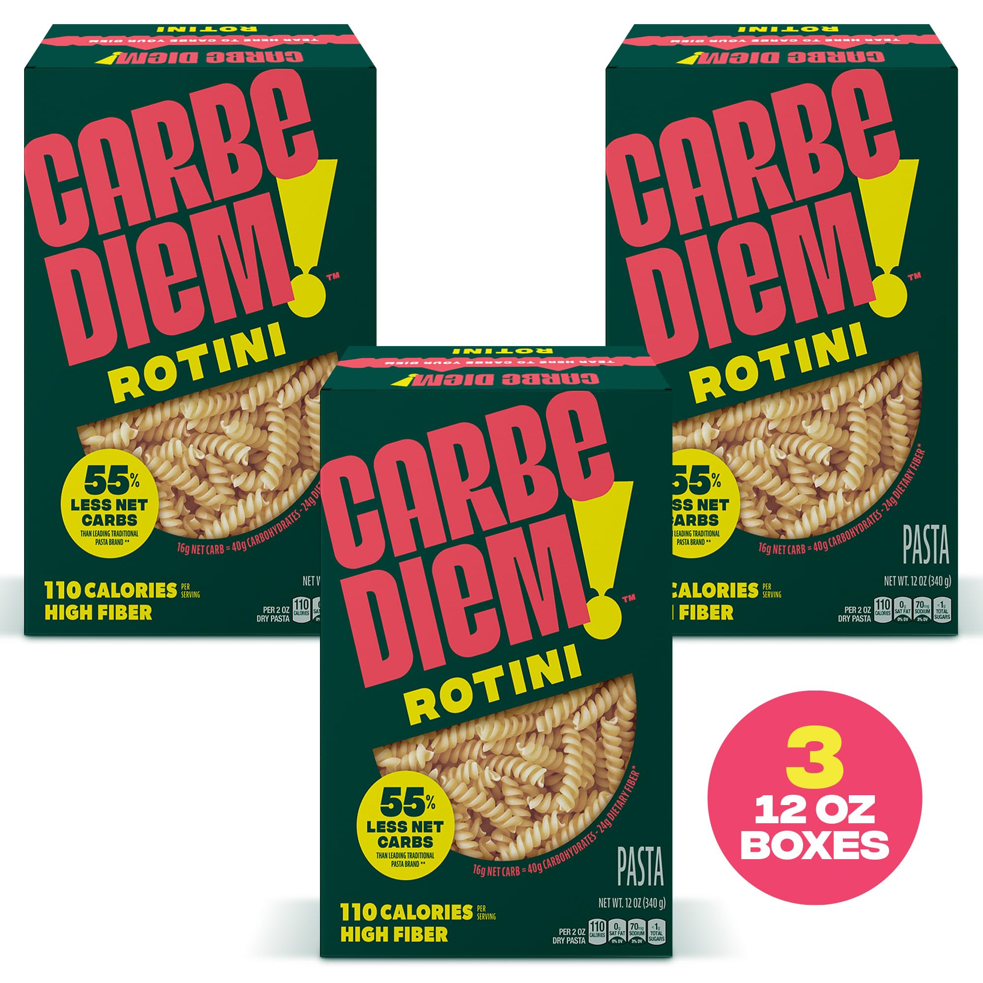 Carbe Diem!, Rotini, Lower Net Carb Pasta with Traditional Flavor & Texture, 8 grams of Protein, 55% Fewer Net Carbs & Only 110 Calories Per Serving