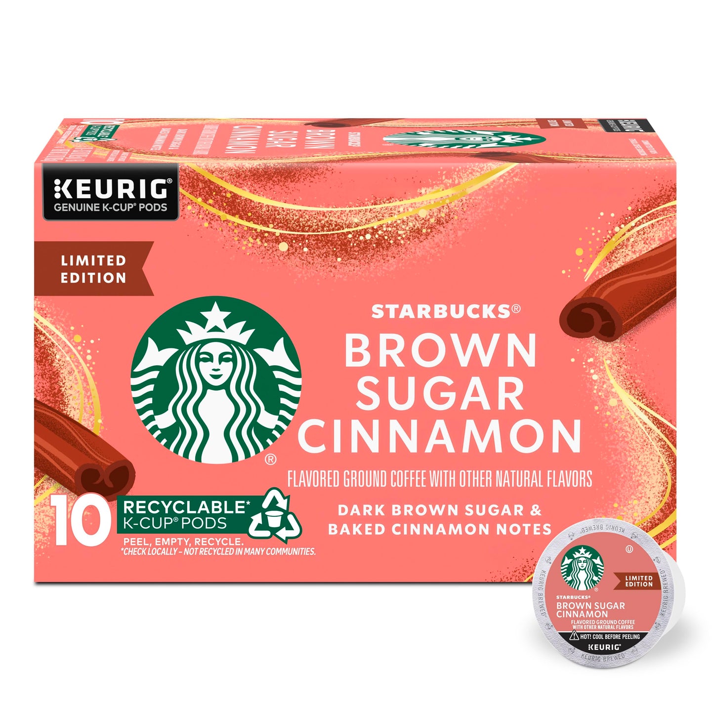 Starbucks K-Cup Coffee Pods, Flavored Hot or Iced Coffee, Brown Sugar Cinnamon, 10 Keurig Pods