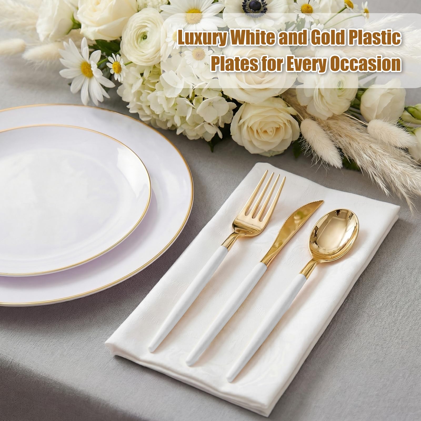 DaYammi 150Pcs Gold Plastic Plates with Disposable Silverware,White Gold Disposable Dinnerware Set - 30 Dinner Plate,30 Dessert Plate,90 Gold Cutlery