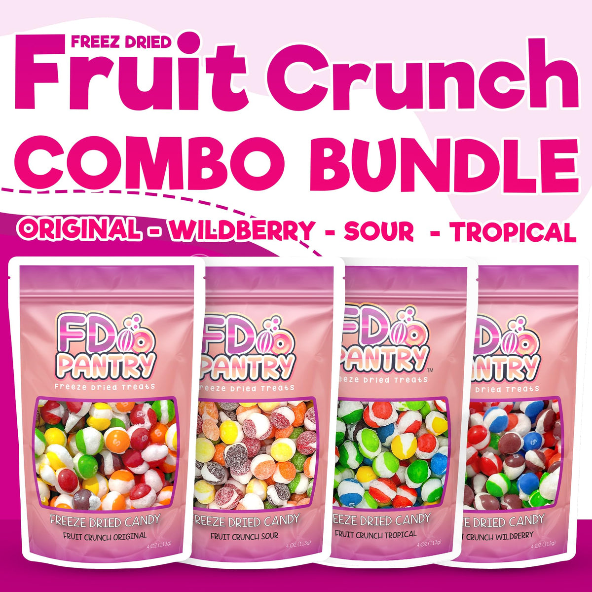 Freeze Dried Candy Variety Pack, Fruit Crunch, 4 oz (4 Pack), Original, Wildberry, Sour, Tropical, Assorted Combo, Gift Bag