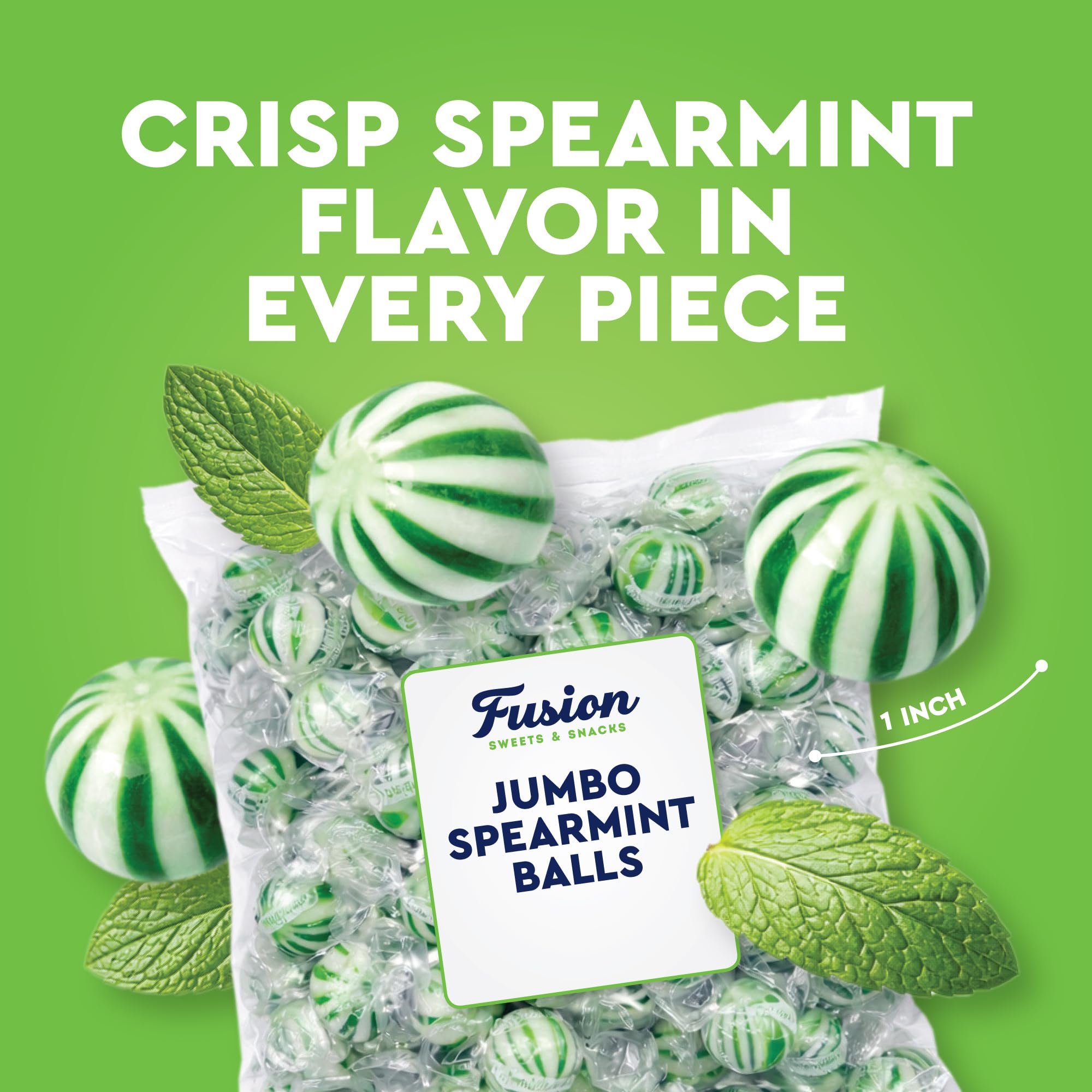 Jumbo Spearmint Mint Balls - 2 Pound Bulk Bag, Spearmint Candy Individually Wrapped, Green And White Candy Jumbo Pieces, Hard Mint Spheres