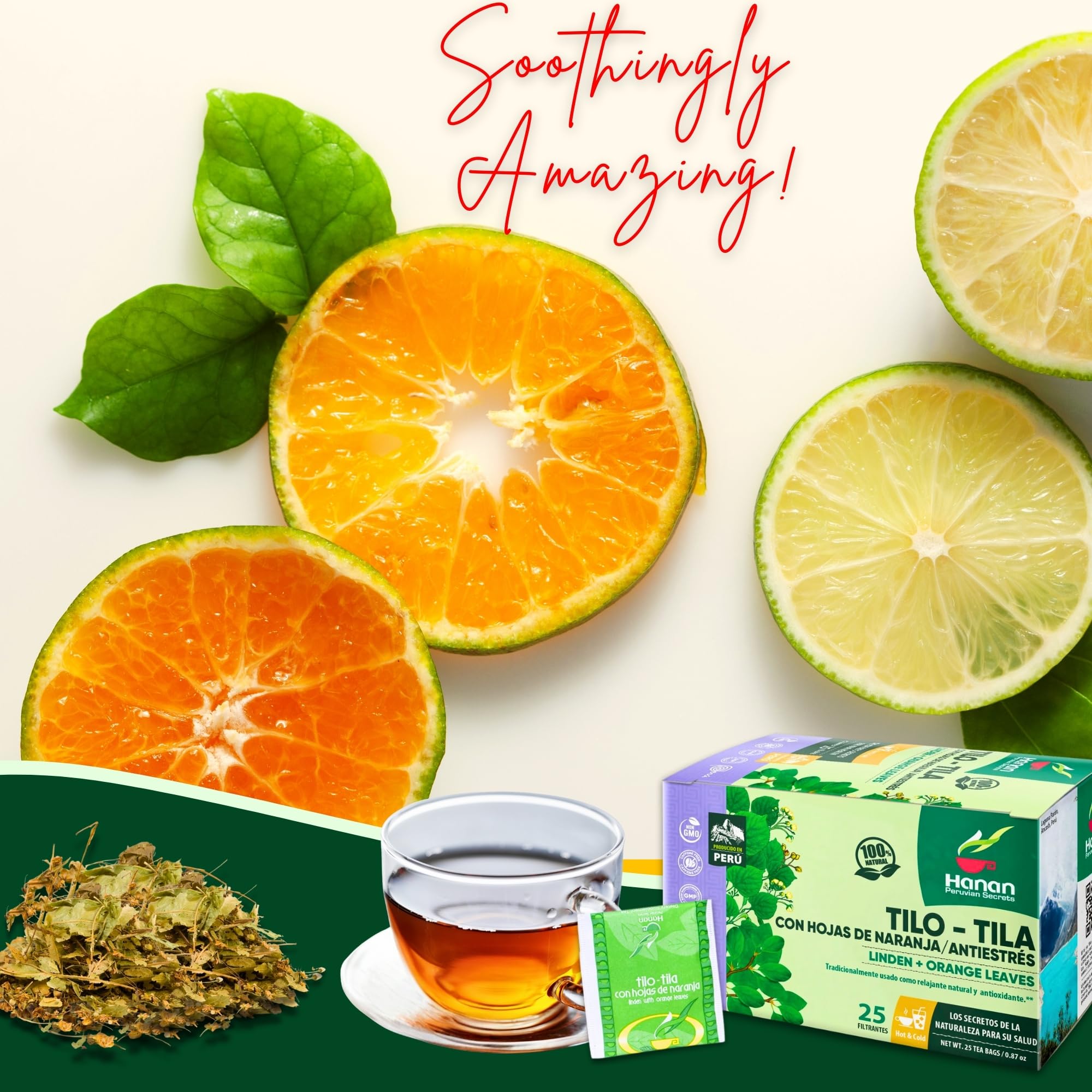 Hanan Linden Tea with Orange Leaves (Tilo con Naranja) - 25 Teabags of All-Natural Linden Leaves from Peru - Little-Leaf Linden, Pry con Hojas de