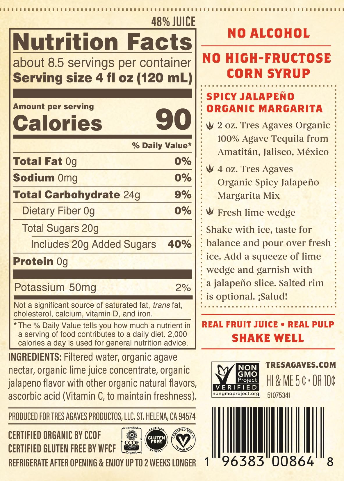 Organic Spicy Jalapeño Margarita Mix - Real Lime Juice, Agave & Chili Flavor - 90 Calories - Vegan, Gluten-Free - 750ml (2 Pack)