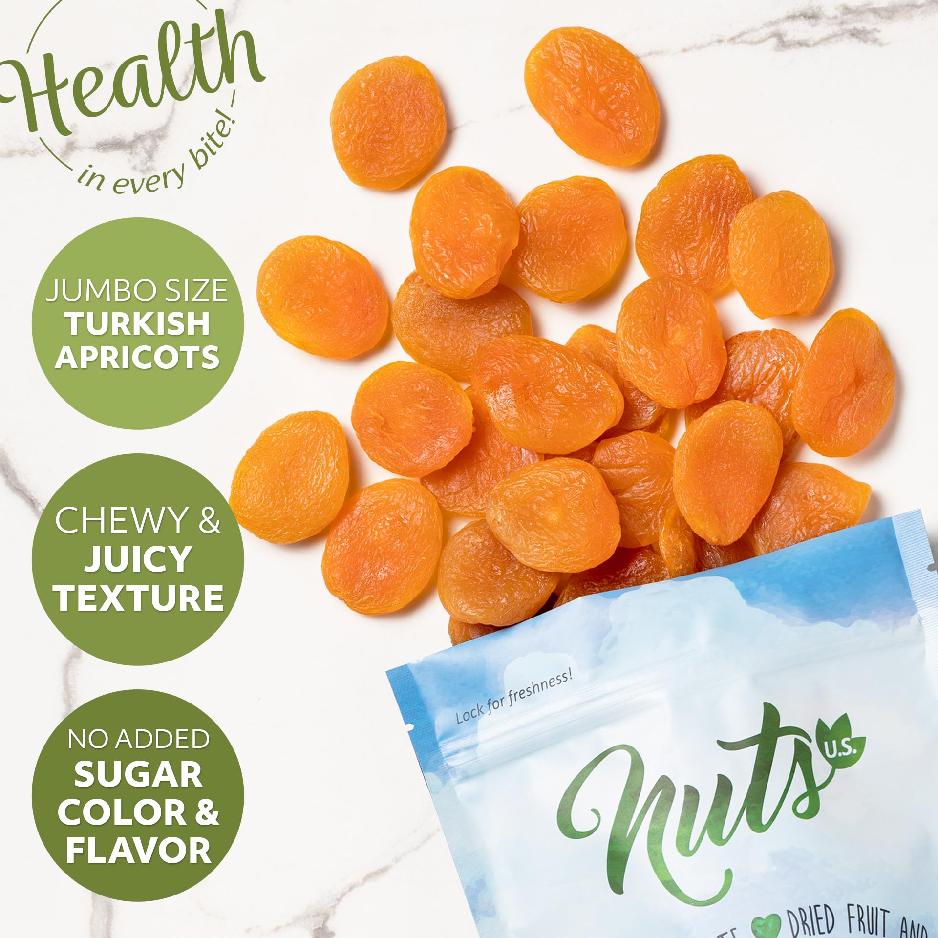 NUTS U.S. - Dried Apricots | Jumbo Size Turkish Apricots | No Added Sugar & Color | Chewy and Juicy Texture | Non-GMO and No Added Flavor | Whole