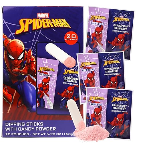 Spiderman Candy Dipping Sticks Strawberry Flavored Powder, Birthday Party Treats, 20 Pouches