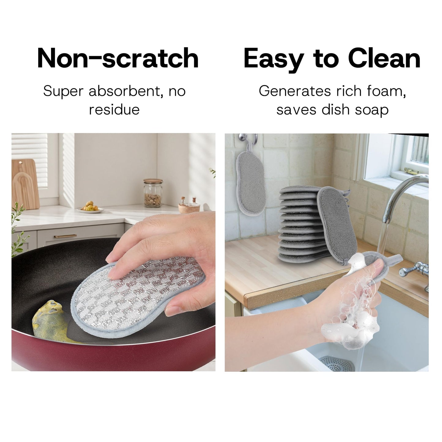 Multi-Purpose Scrub Kitchen Sponges - 12 Pack Dish Sponge, Dual-Sided Non-Scratch Microfiber & Metal Scrubber, Reusable Sponges for Dishes, Pots