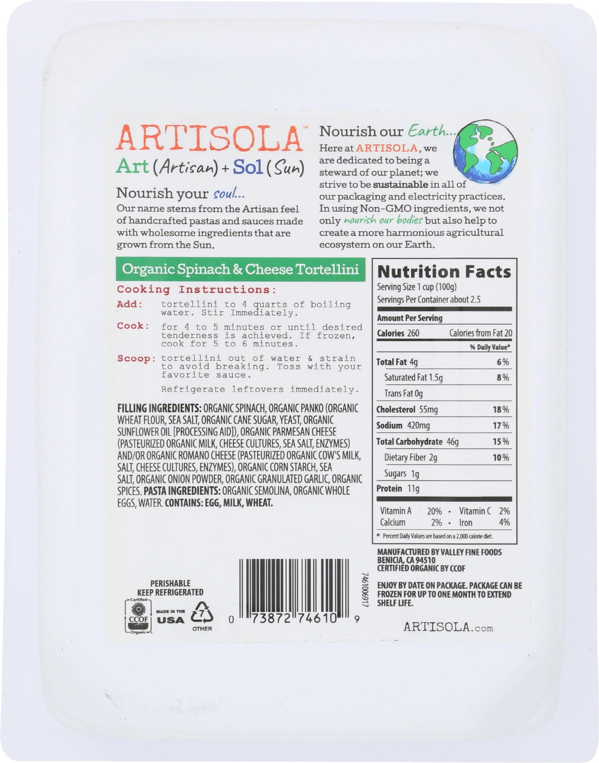 Artisola Organic Spinach and Cheese Tortellini, 8 OZ
