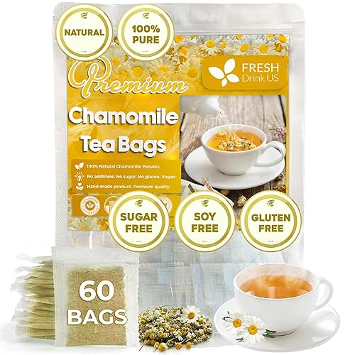 FRESHDRINKUS, Premium 60 Chamomile Tea Bags, 100% Natural and Pure Chamomile Flowers, Eco-conscious Tea Bags. Herbal Tea. No Sugar, No Caffeine, No