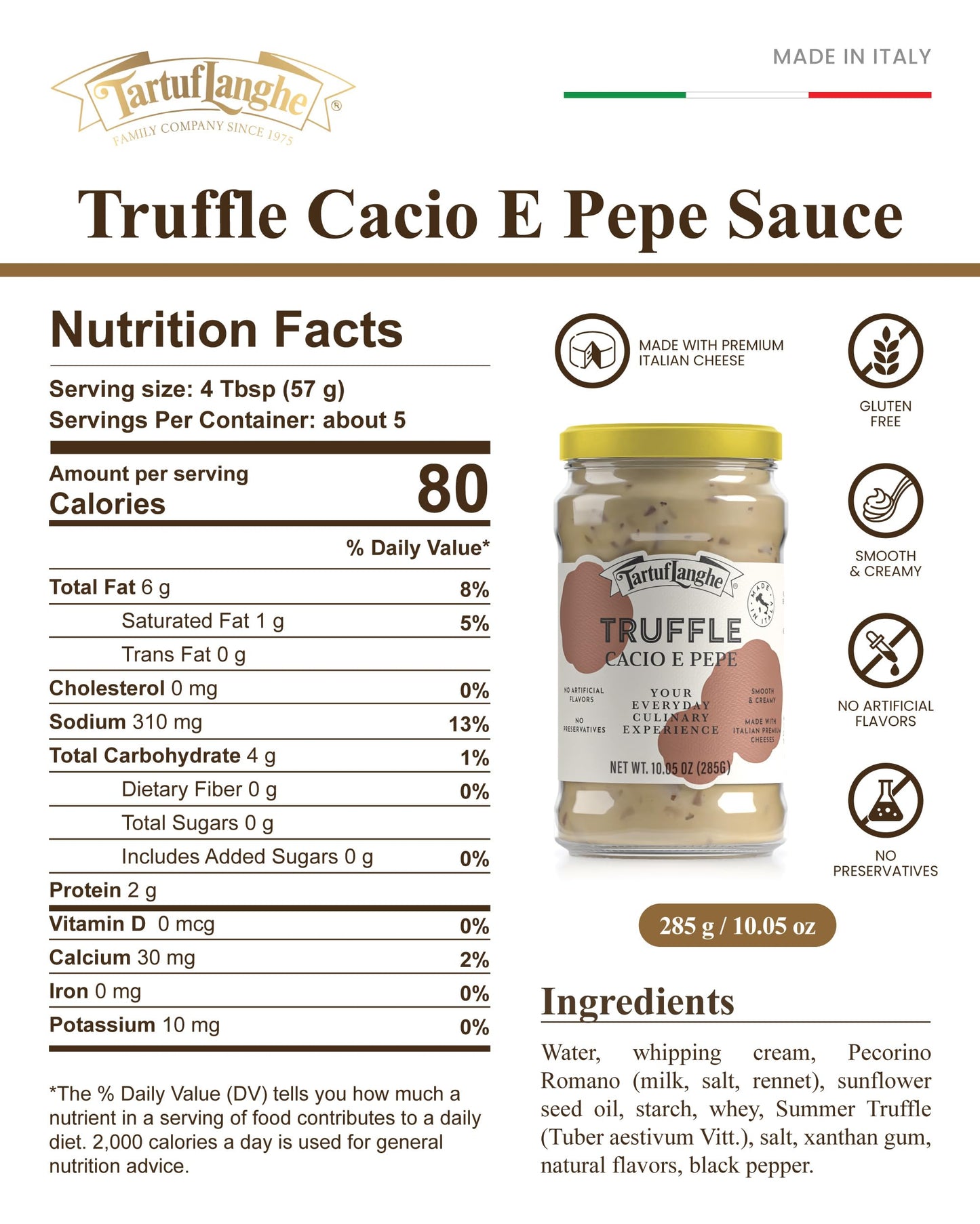 TartufLanghe Cacio e Pepe Truffle Sauce - Authentic Italian Pasta Sauce with Black Truffle & Pecorino Romano Cheese for Risottos, Gnocchi, Ravioli