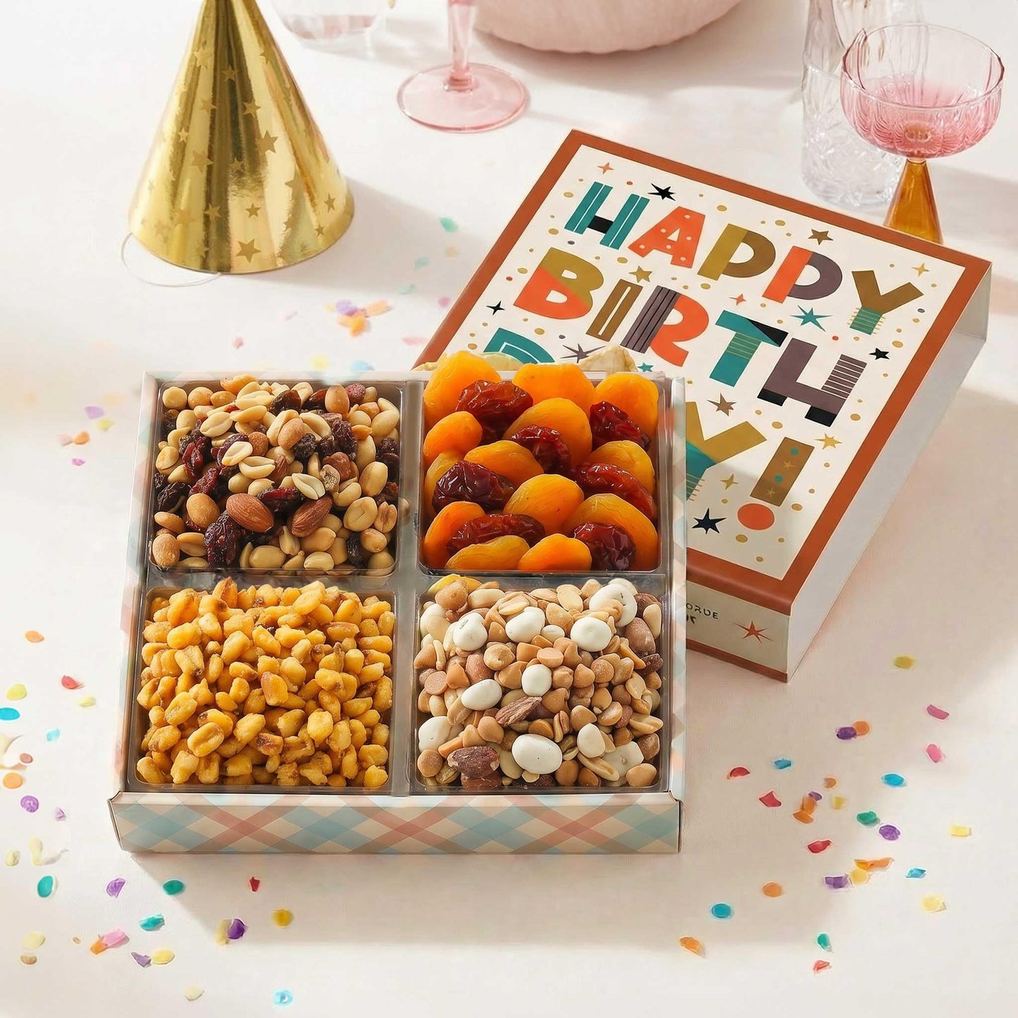 Broadway Basketeers Happy Birthday Gift Basket - Premium Dried Fruit and Nuts Gift Basket for any Celebrations - Happy Birthday Snacks for Men, Women