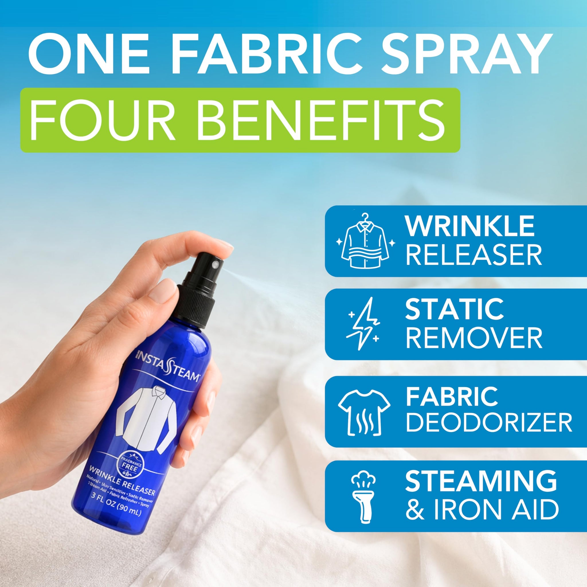 InstaSteam Clothes Wrinkle Release Spray Travel Size - Fragrance Free Wrinkle Release Mist - Fabric Deodorizer, Fabric Softener, & Anti Static Spray