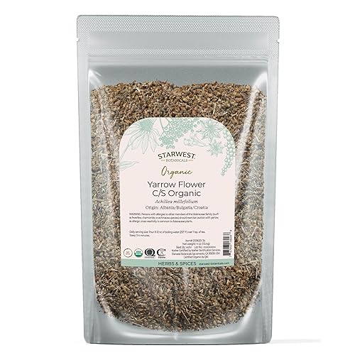 Starwest Botanicals Organic Yarrow Flowers - Dried Loose Leaf Herb for Tea, Cut & Sifted, Certified Kosher, Non-GMO - 4 oz Bag